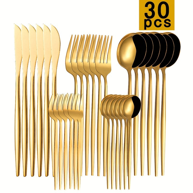 30-Piece Stainless Steel Cutlery Set with Thin Handles for Steak Dinner and Dessert