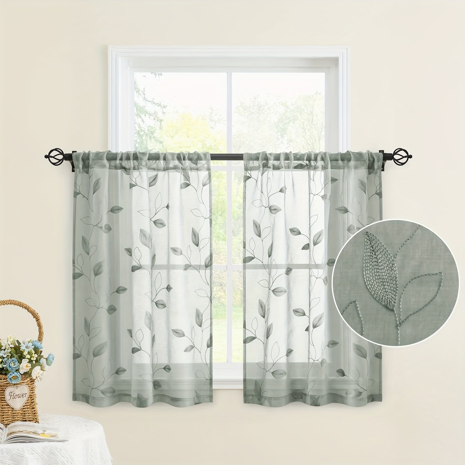 Two Pieces Sheer Curtains with Embroidered Leaf Pattern, Rod Pocket, Polyester, for Bedroom Living Room Kitchen