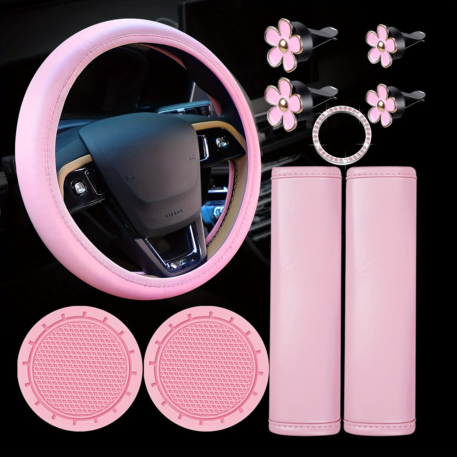 Pink Leather Steering Wheel Cover Set for Women with Seat Belt Covers and Bling