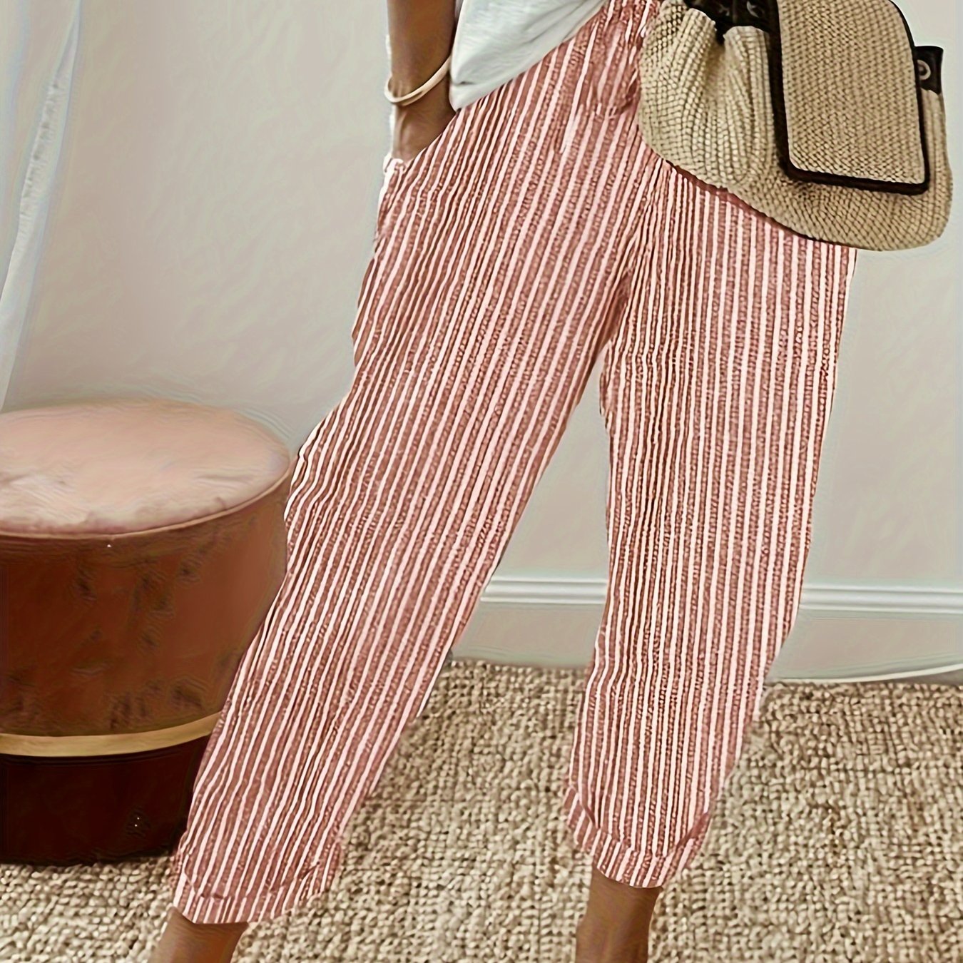 Women's High-Waisted Striped Wide Leg Pants Lightweight Polyester All-Season Casual