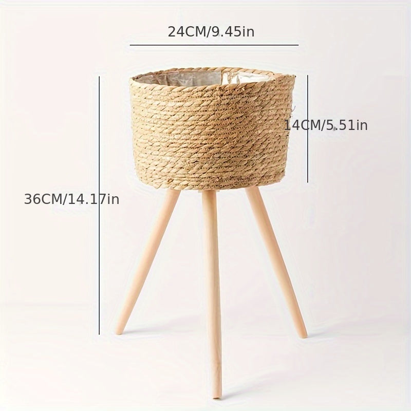 Nordic Style Plant Basket Decor Woven Rattan Flower Pot with Wooden Legs Indoor Balcony Stand 18cm 29cm 50cm
