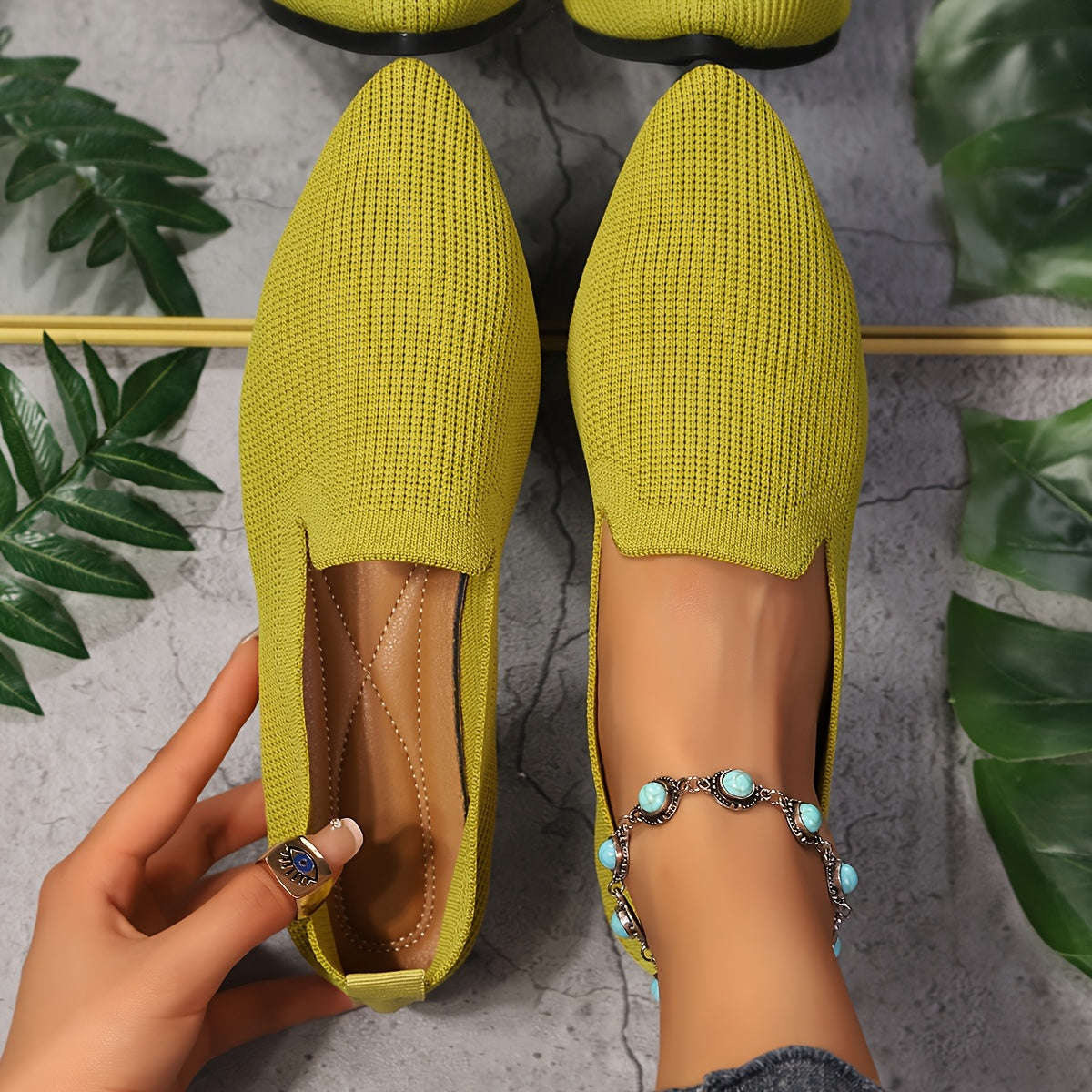 Women’s Slip-On Knit Pointed Toe Shoes Breathable Fabric All-Season Comfort