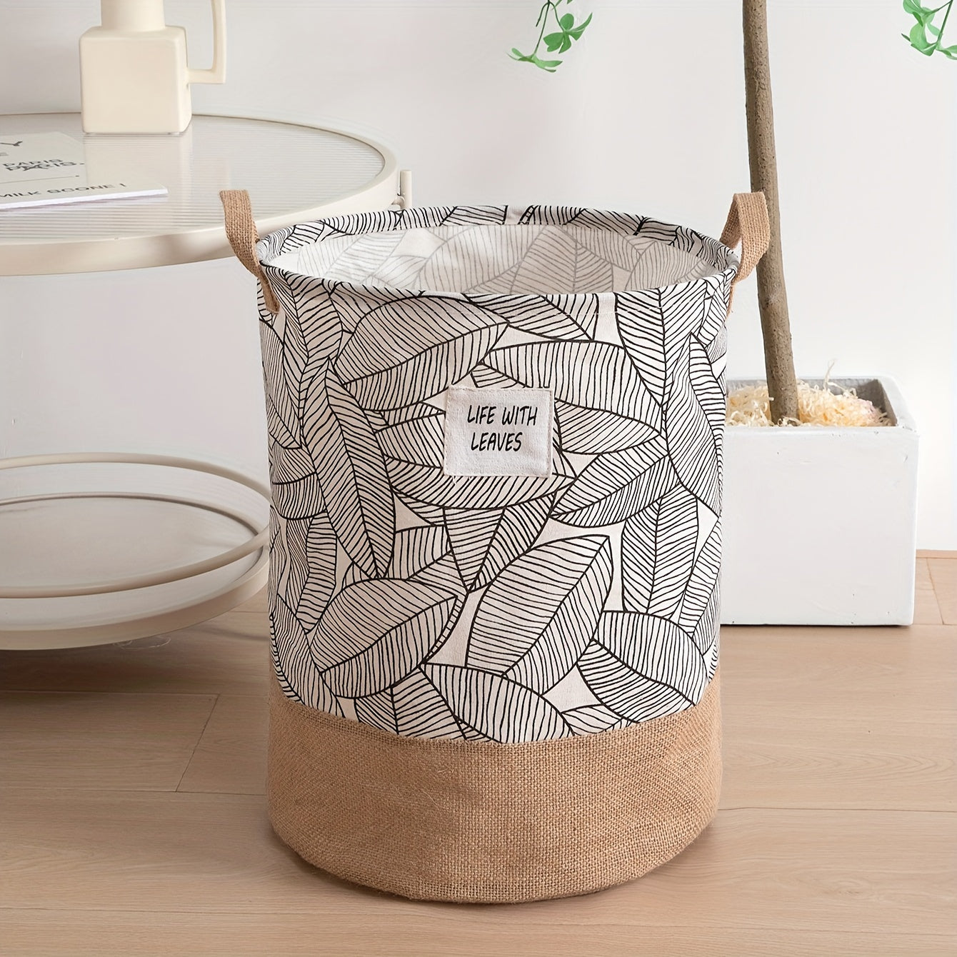 Cesto de yute impermeable redondo para ropa, juguetes y mantas, plegable con asas