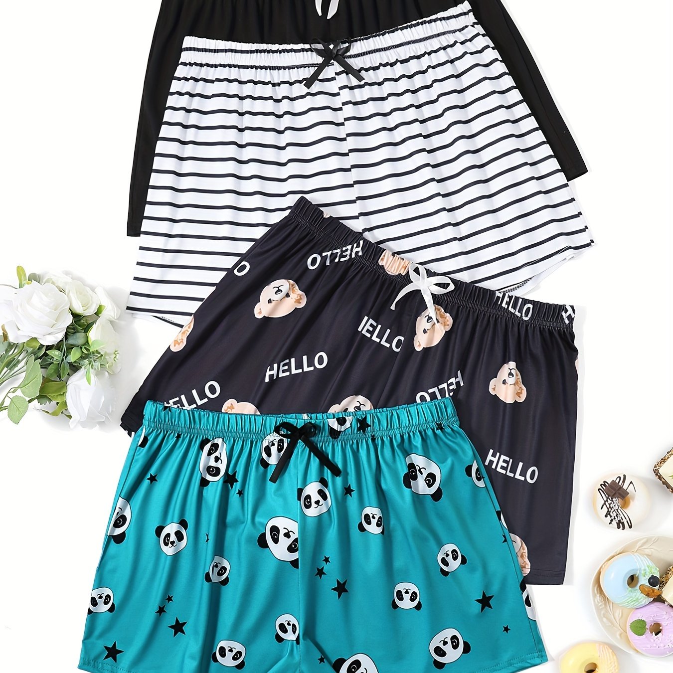 Women's Plus Size Lounge Shorts Cartoon Panda Bear Striped Elastic Waist Sleepwear