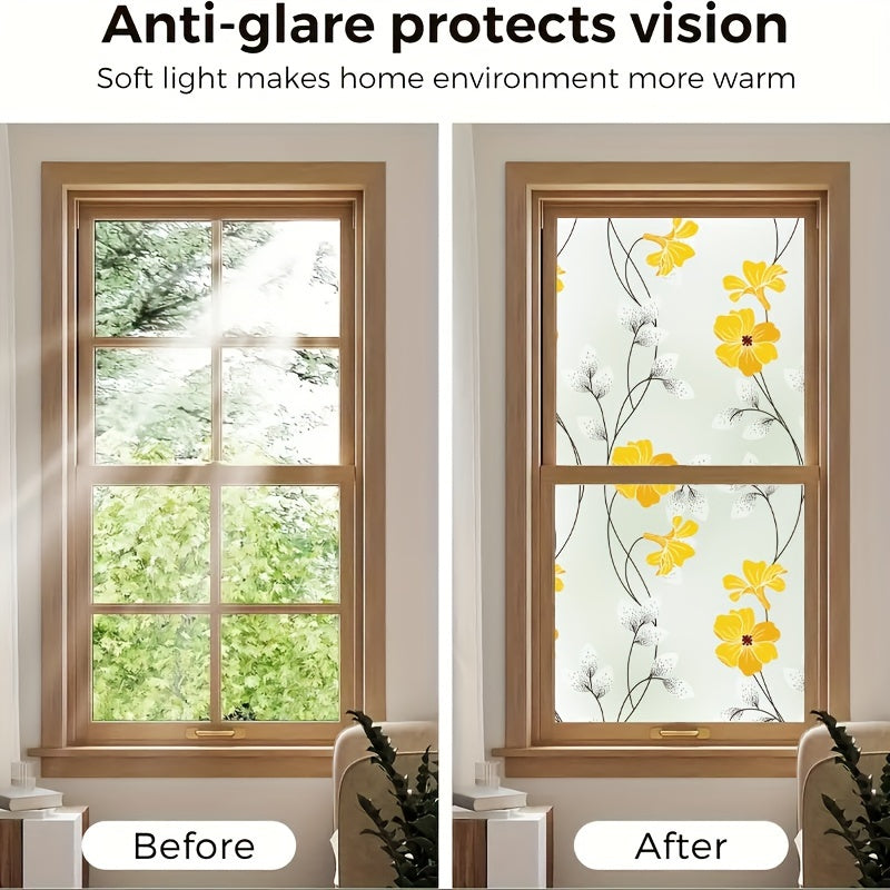 Yellow Floral Pattern Static Cling Window Film for Privacy and Home Decor