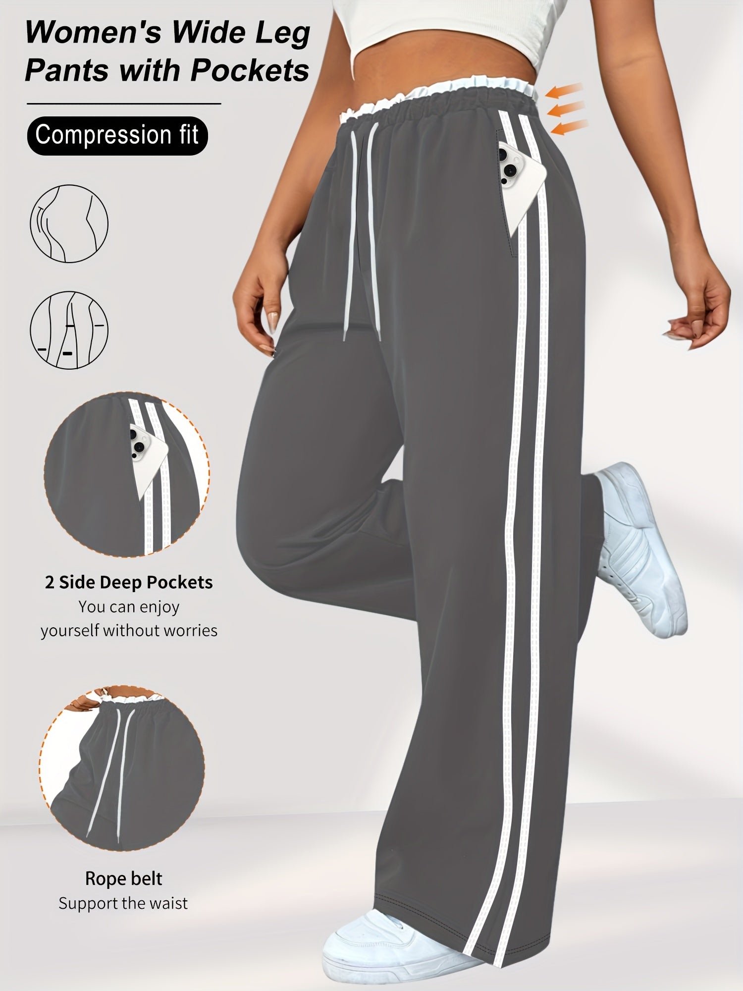 Plus Size Women's Cotton High-Waisted Side-Stripe Casual Drawstring Trousers