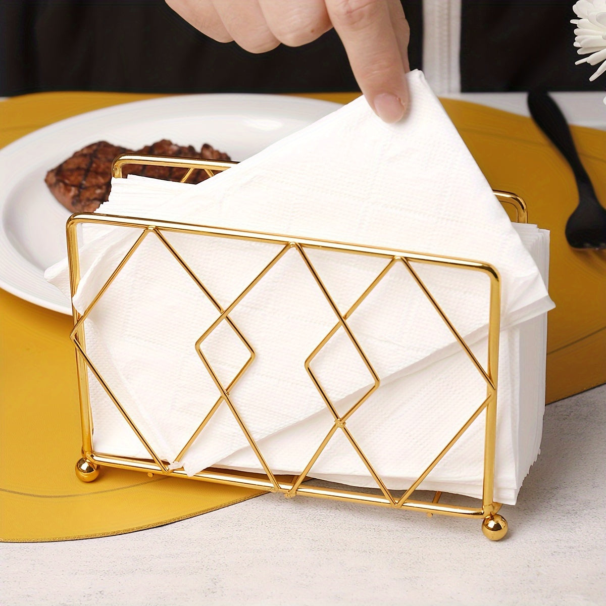 Square Metal Tissue Storage Rack with Fork and Spoon Holder for Dining Table