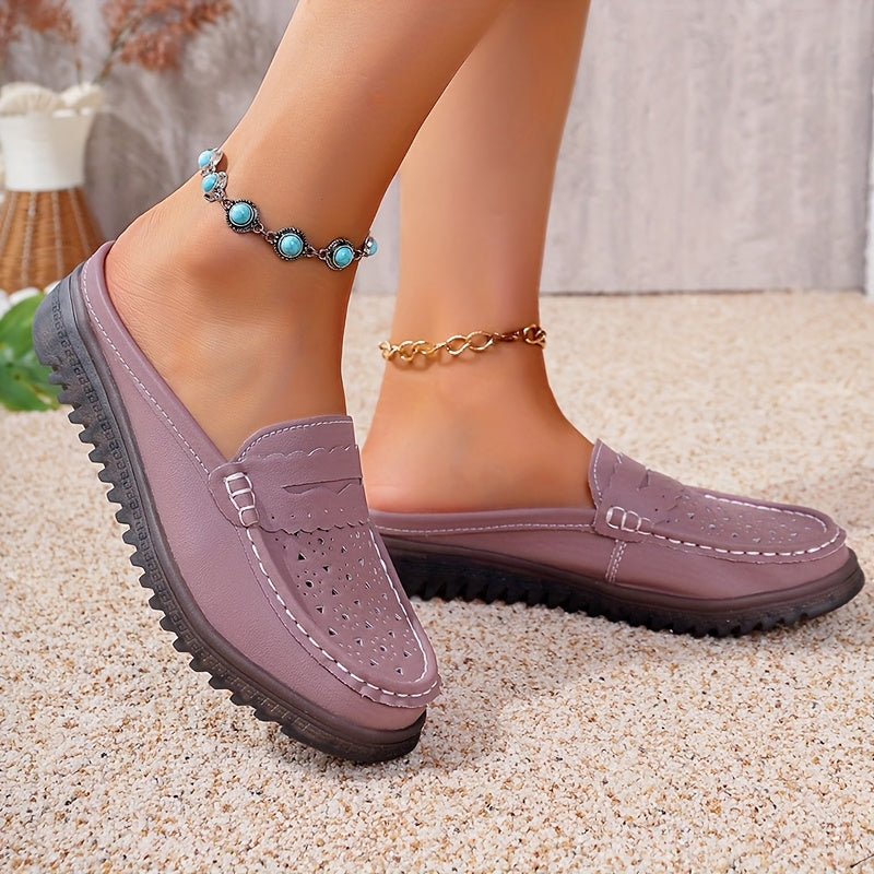 Women’s Solid Color Mules Flat Slip-On Shoes Perforated Non-Slip Casual