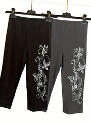 Plus Size Butterfly Print Capri Leggings High Waist Stretchy Spring Summer Women