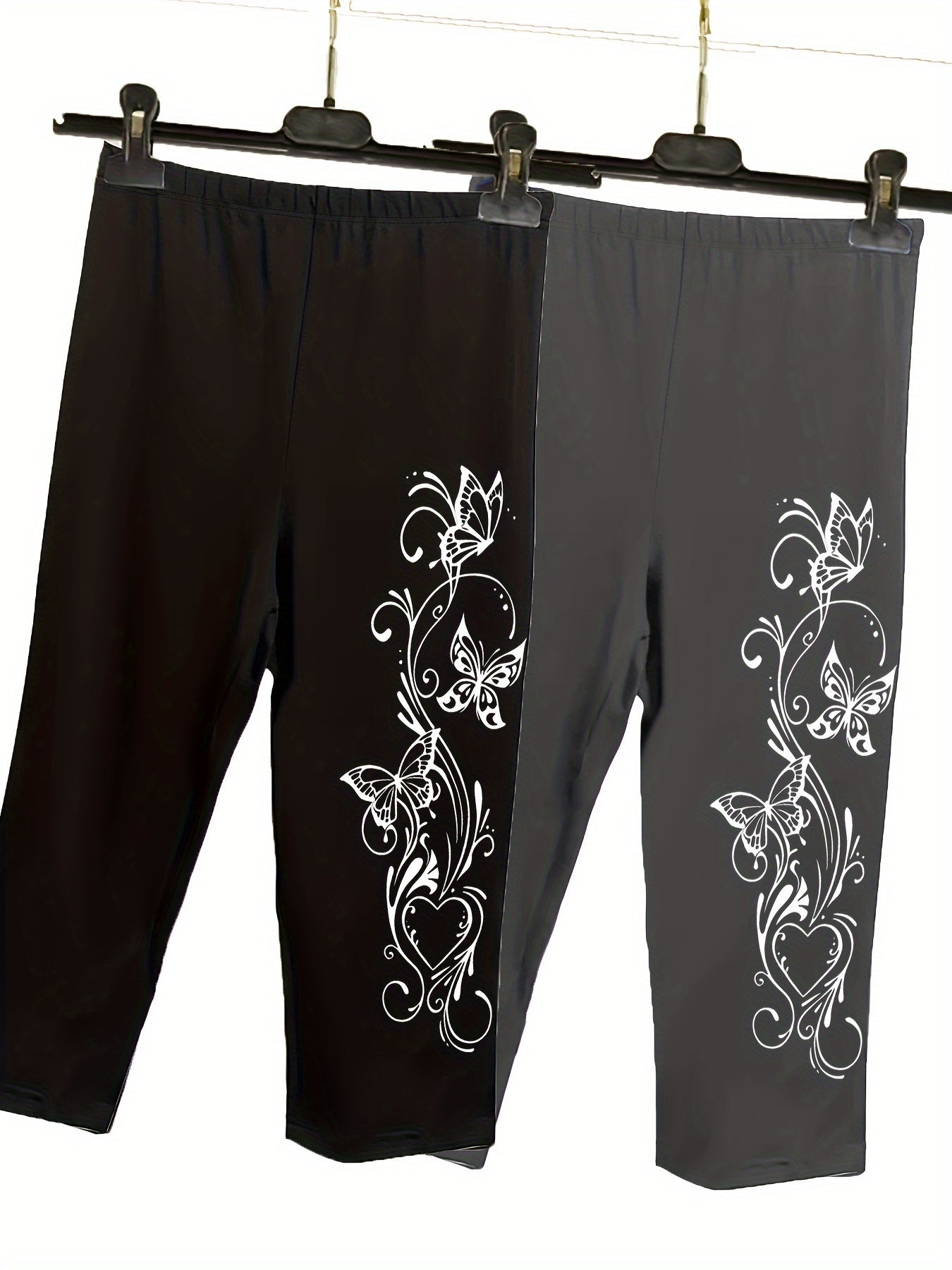 Plus Size Butterfly Print Capri Leggings High Waist Stretchy Spring Summer Women