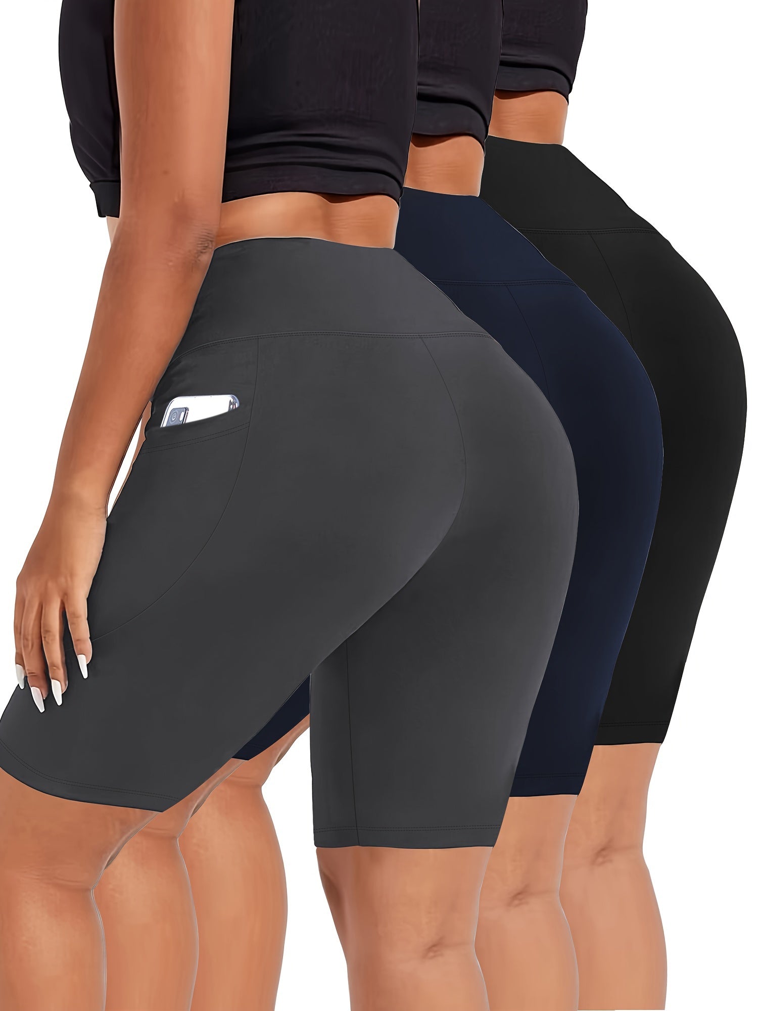 Ayollar uchun kattaroq o'lchamli yuqori belli bir rangli shortlar faoliyat kiyimlari to'plami, 3 ta