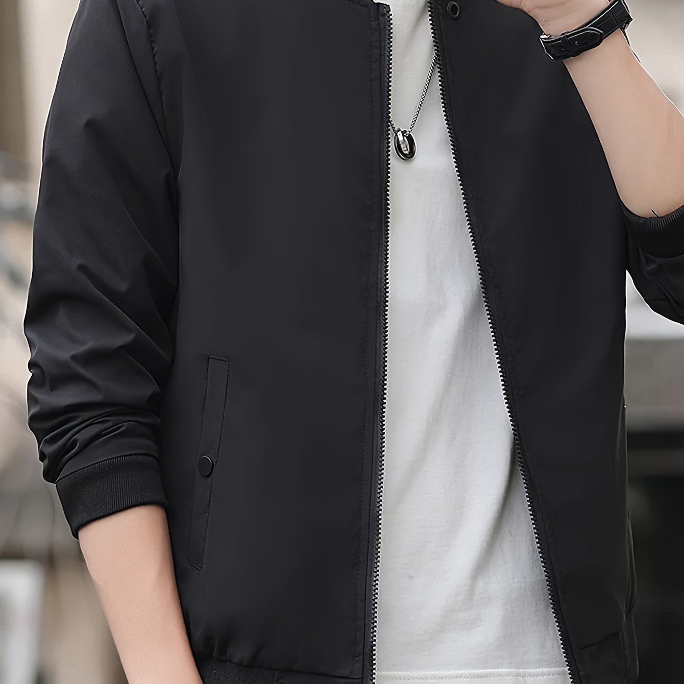 Men's Polyester Solid Band Collar Zip-up Jacket for Spring and Fall