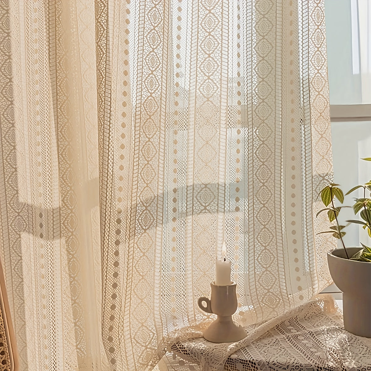 Hollow Striped Yarn Curtain Japanese Style Rod-Mounted Window Screen for Living Room Bedroom