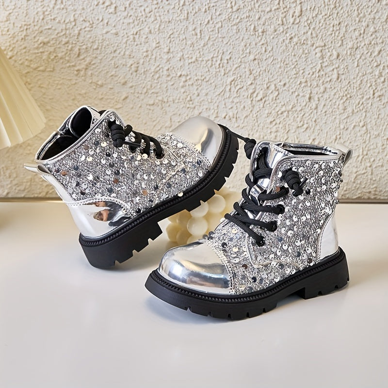 Girls Glitter Ankle Boots Fall Winter Zipper Low Top PU Rubber Sole