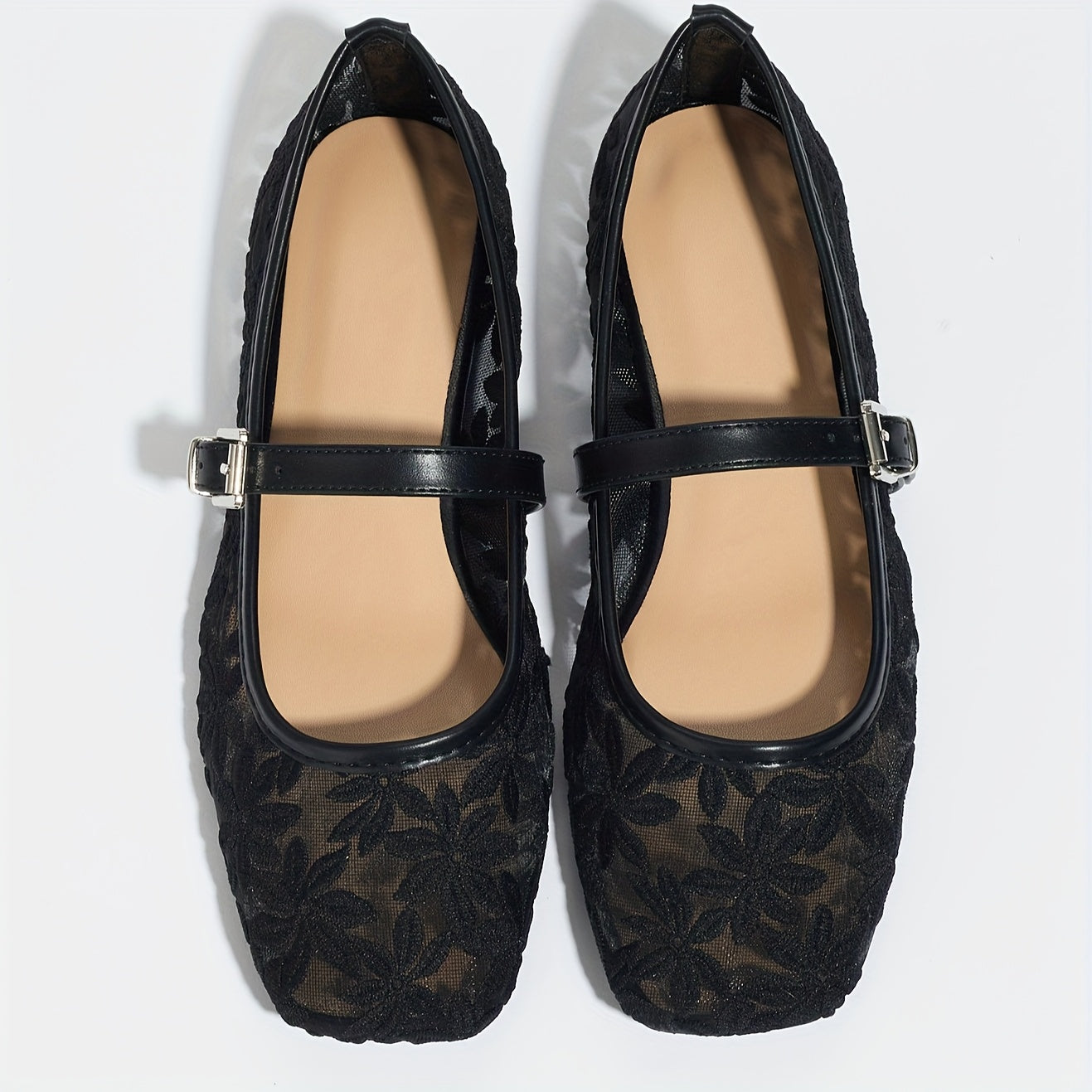 Women's White Ballet Flats with Floral Embroidery Breathable Mesh Square Toe