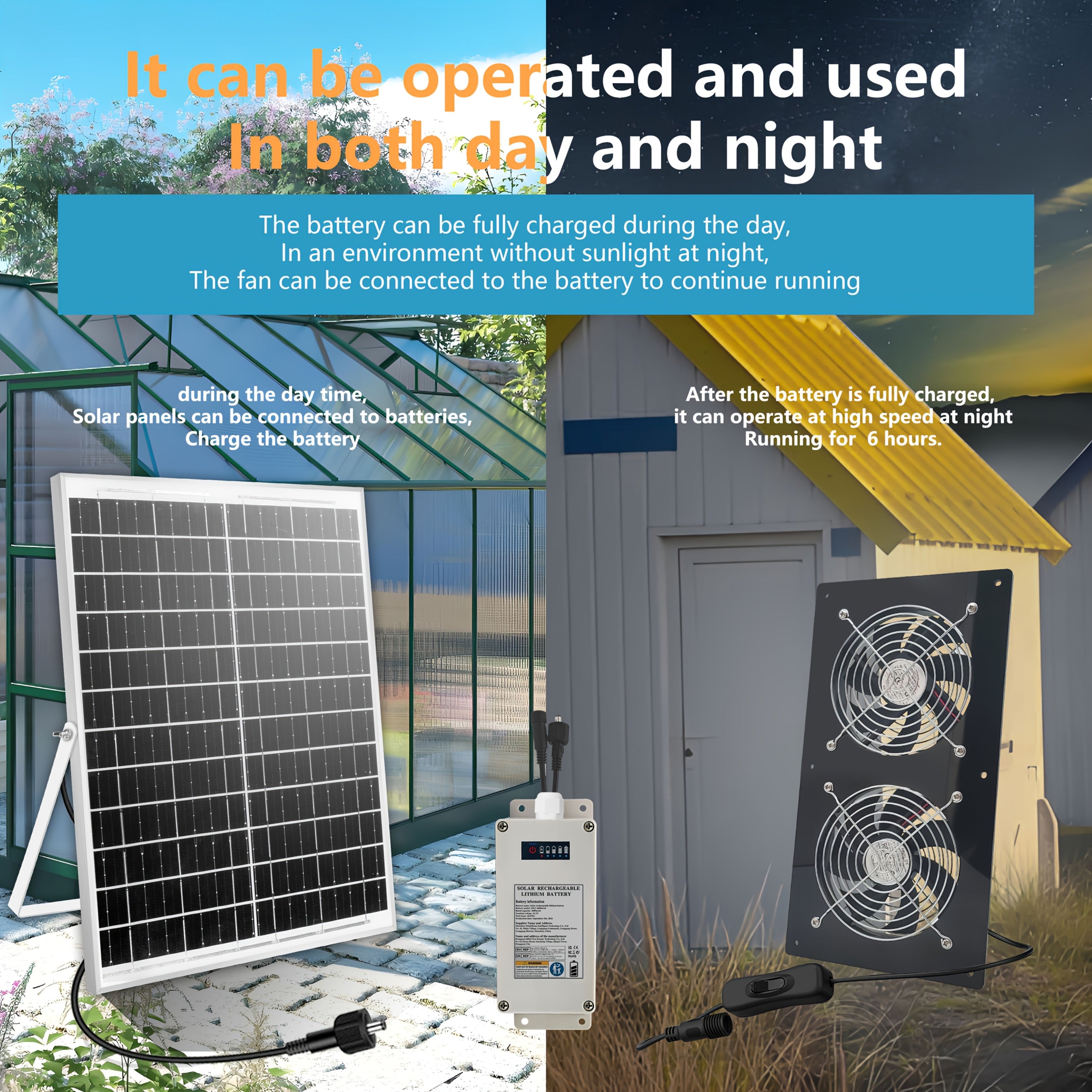 Quyosh energiyali chiqarish ventilyatori 25W, 4000mAh batareyali, ichki va tashqi sovutish uchun