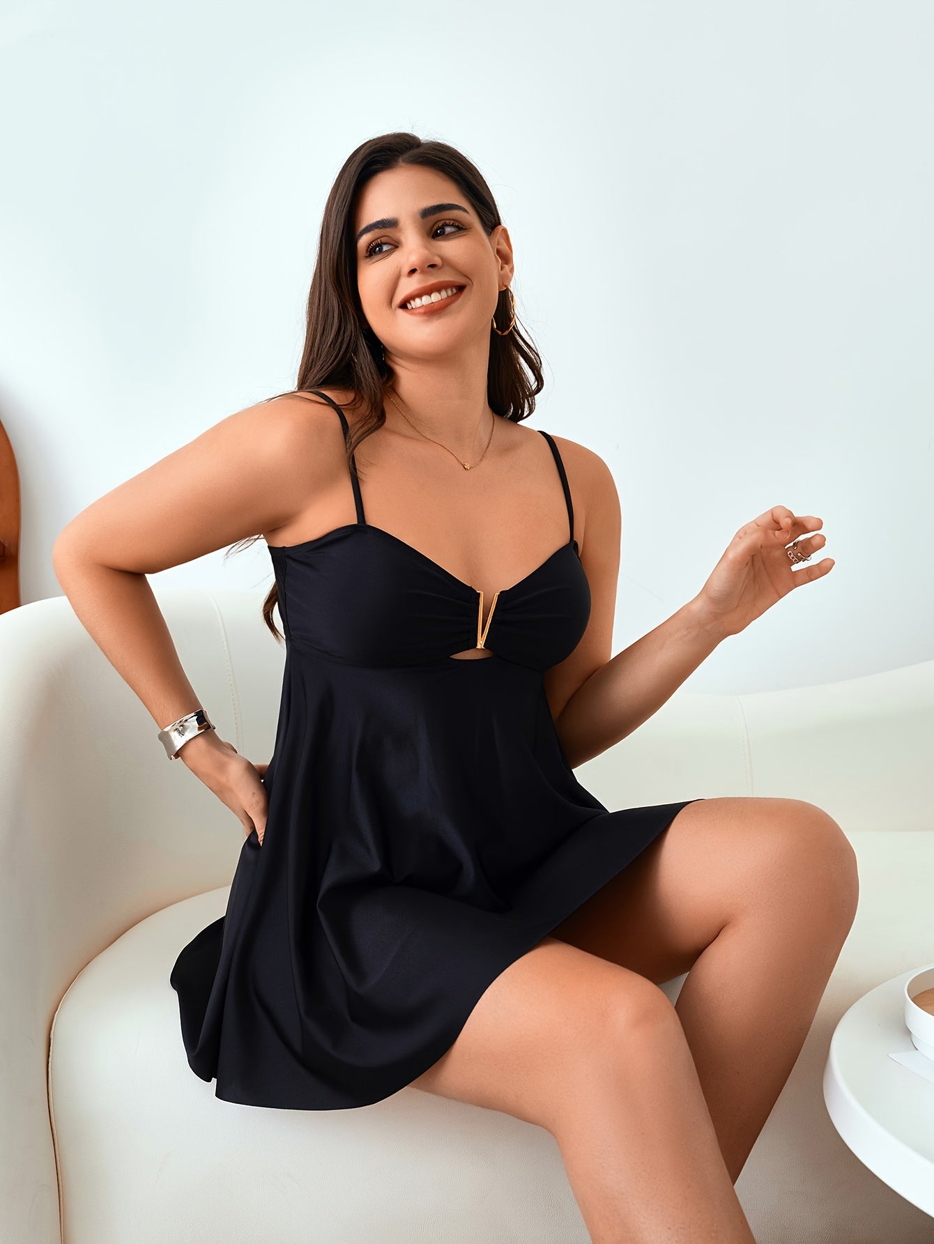 Women's Two-Piece Tankini Swimsuit Solid Color High Stretch V-Neck Beachwear