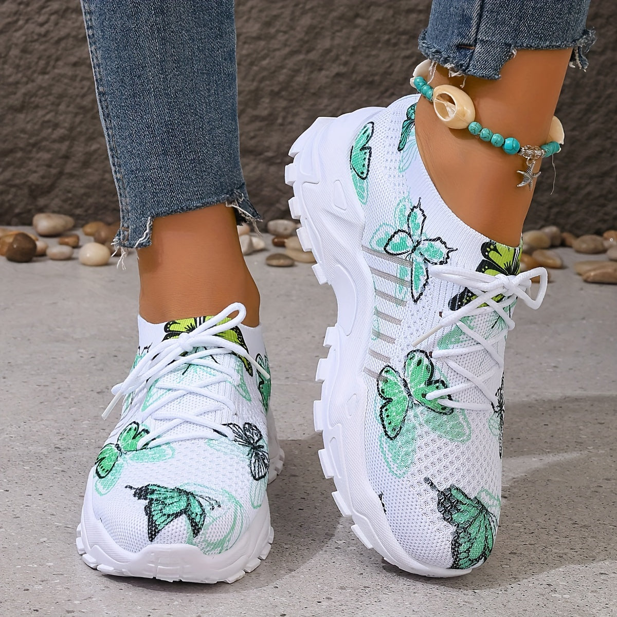 Women's Green Butterfly Pattern Sneakers Lightweight Breathable Running Shoes