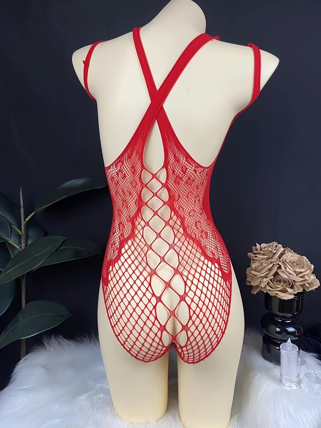 Women’s Red Lace Mesh Bodysuit with Hollow-Out Design and Cropped Fit