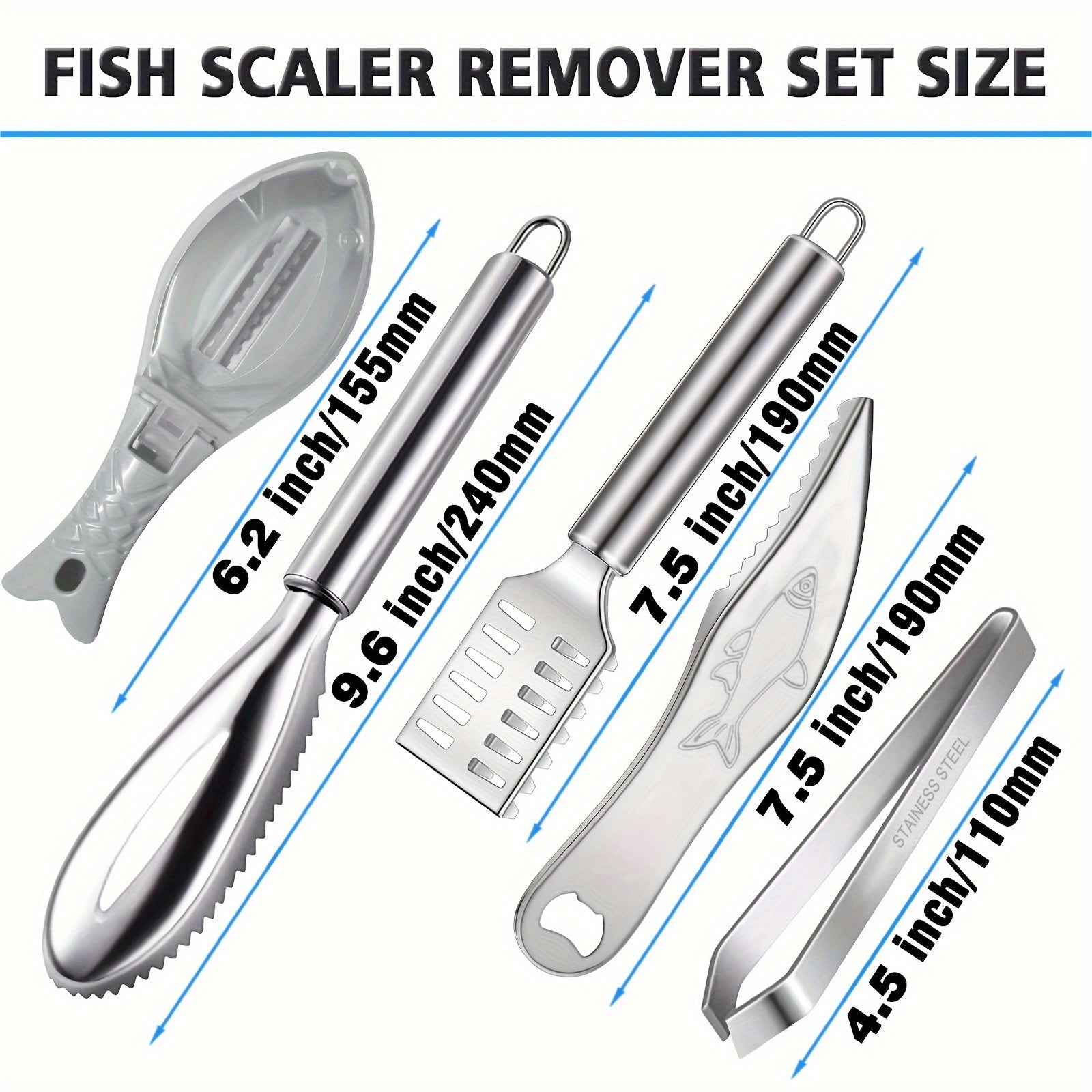Set of 5 Fish Scaler Remover Tools Stainless Steel Sawtooth Bottle Opener Scraper
