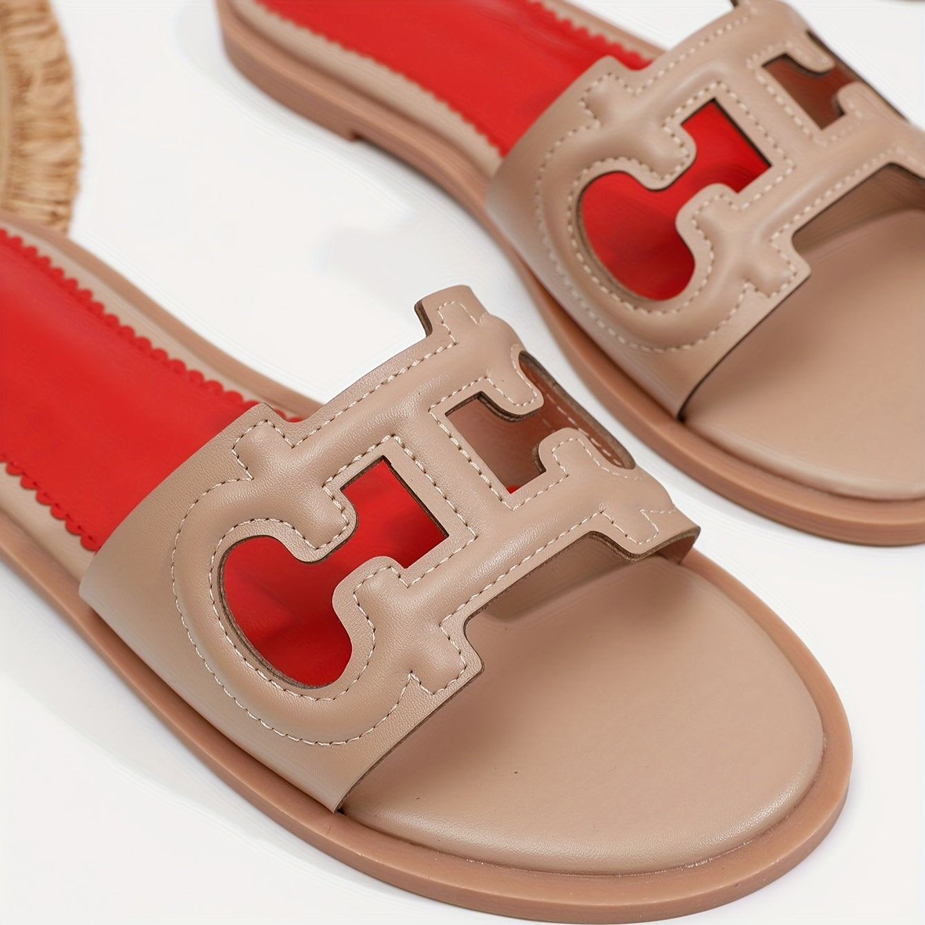 Women's Black Flat Sandals with Red Accents Slip-On Summer Casual