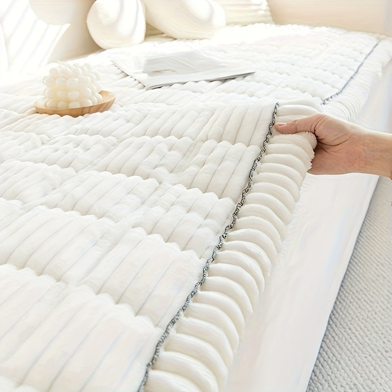 Boho Style Quilted Short Plush Sofa Cover with Ruffle Design Non-Slip Pet Friendly Machine Washable