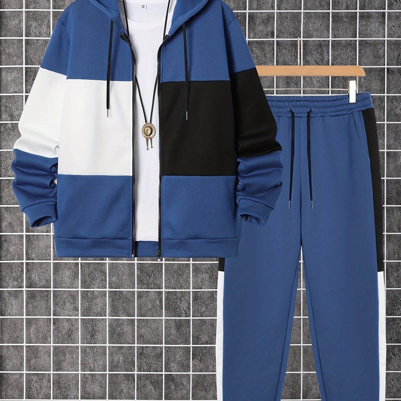 Men's Color Block Polyester Tracksuit with Hooded Zip Up Hoodie and Jogging Pants for Gym and Running