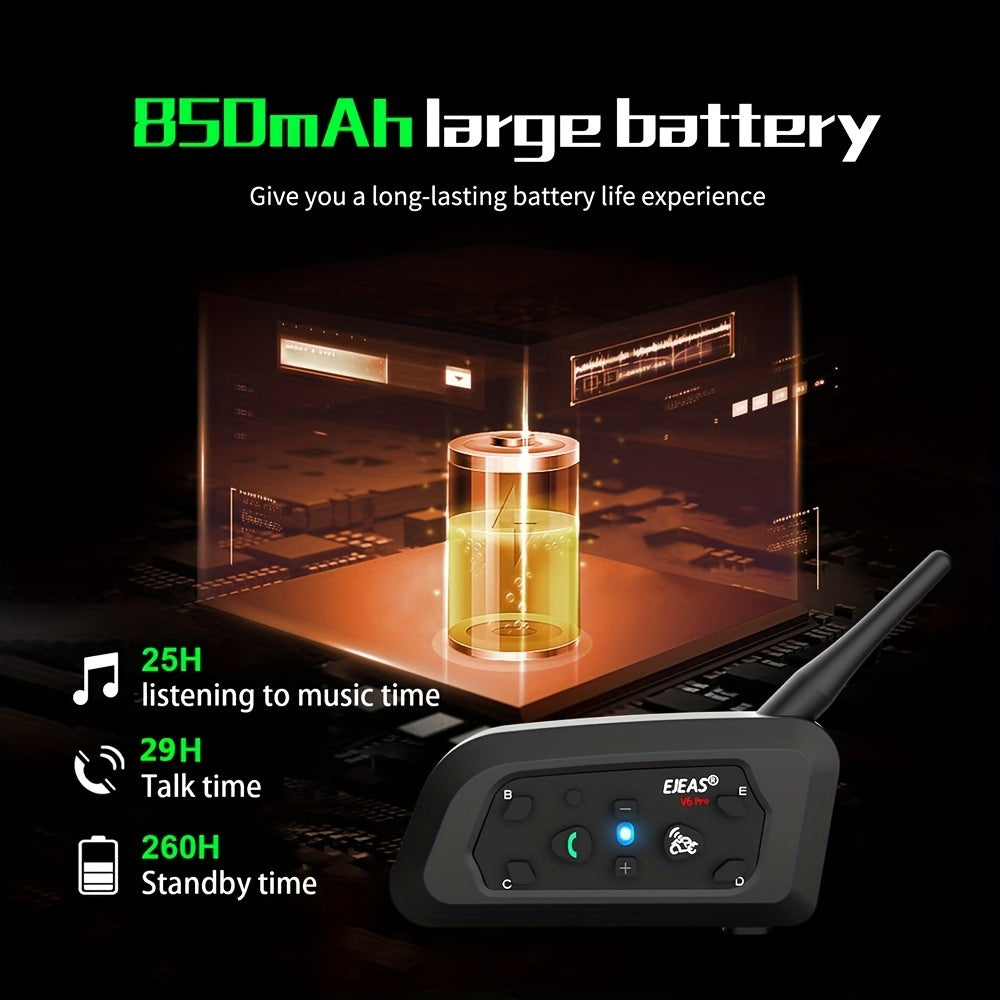 Wireless Motorcycle Helmet Intercom Headset with Noise Reduction for 6 Riders