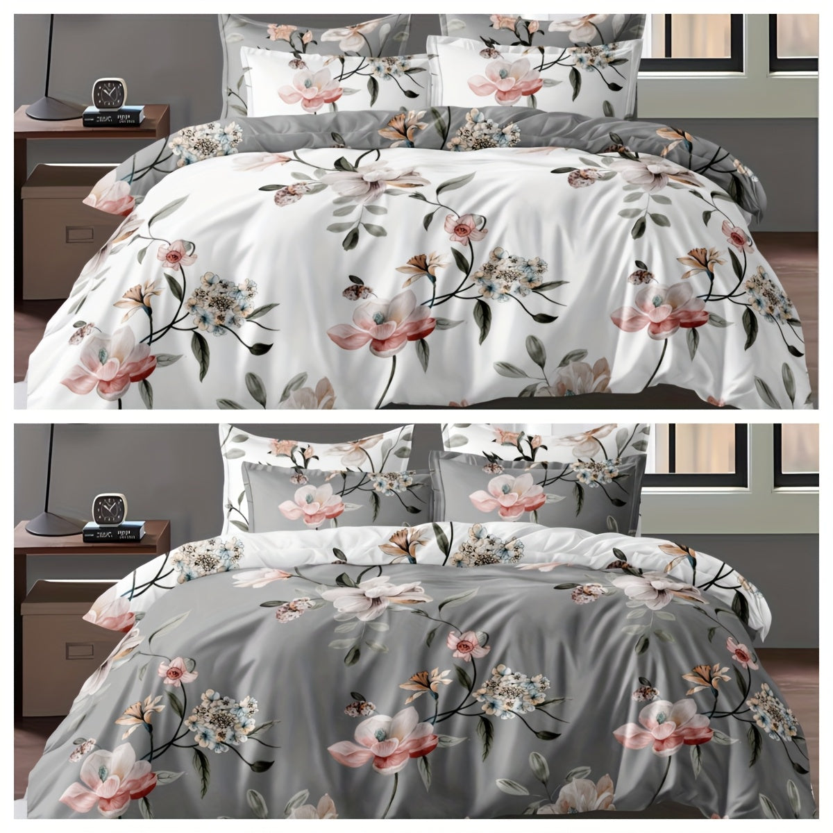 Two-Color Flower Pattern Bedding Set for Bedroom and Guest Room with Soft Polyester Fabric