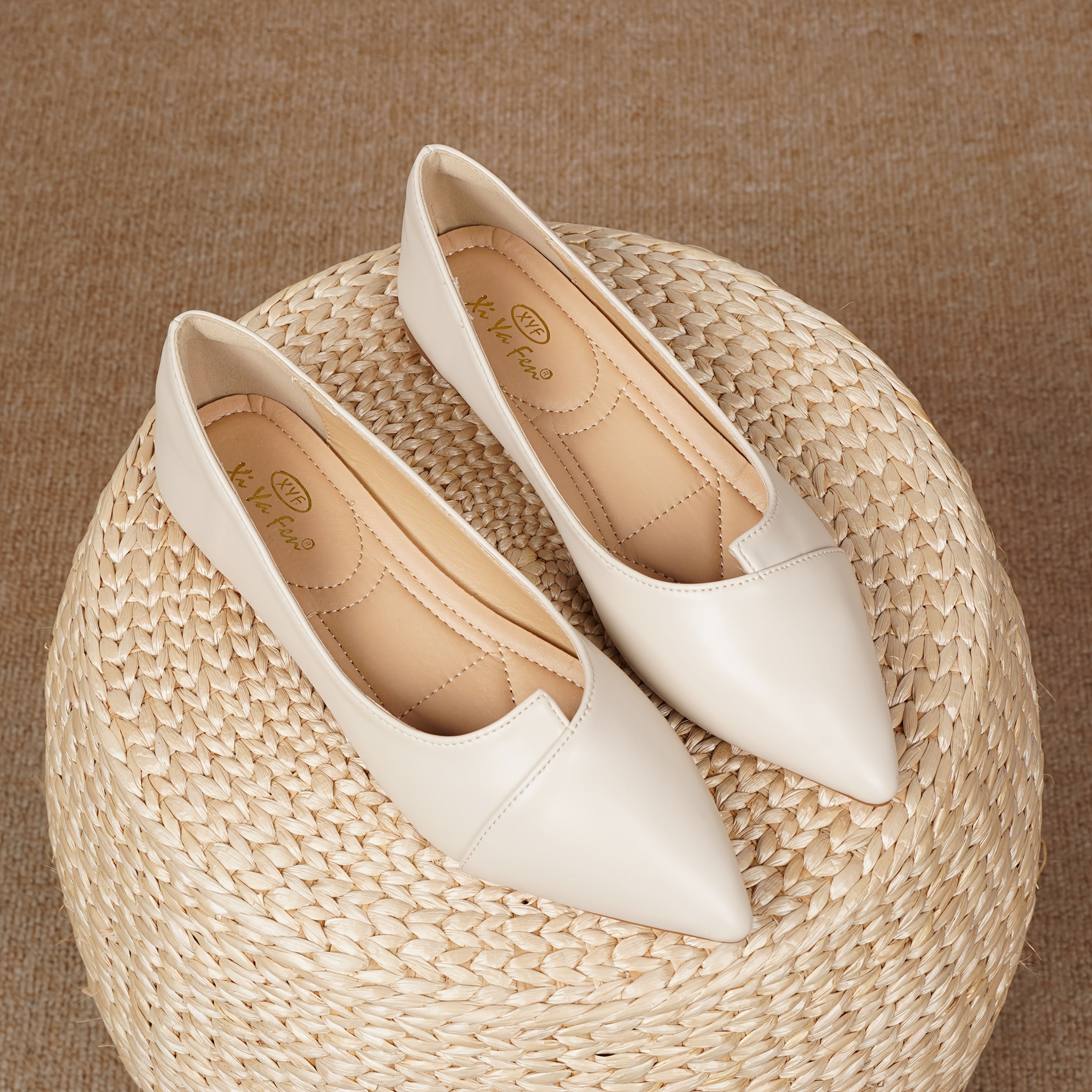 Women's Pointed Toe Flats Beige PU Slip-On Shoe All-Season Comfort