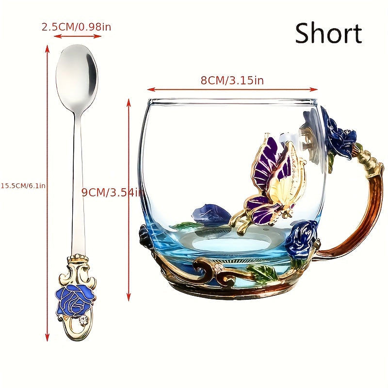 11.8oz Glass Tea Cup Set with Coaster and Spoon Elegant Flower Pattern for Coffee Water