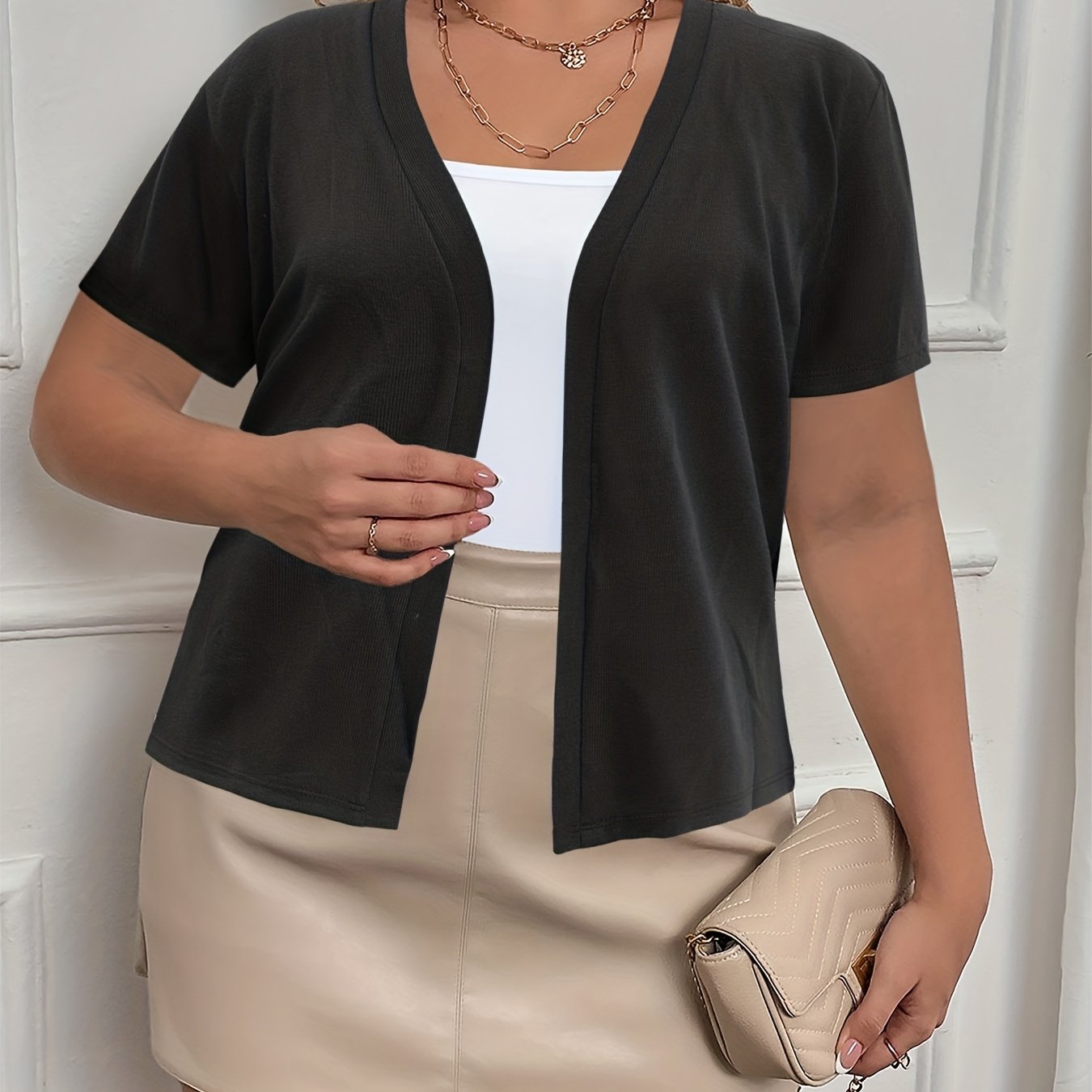 Plus Size Women's Short Sleeve Cardigan Open Front Ribbed Spring Summer
