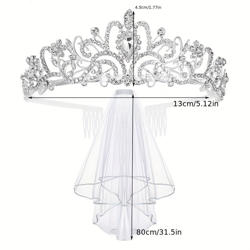 Set of Baroque Style Wedding Accessories with Rhinestone Crown, Shoulder Strap, Belt, Veil, and Jewelry