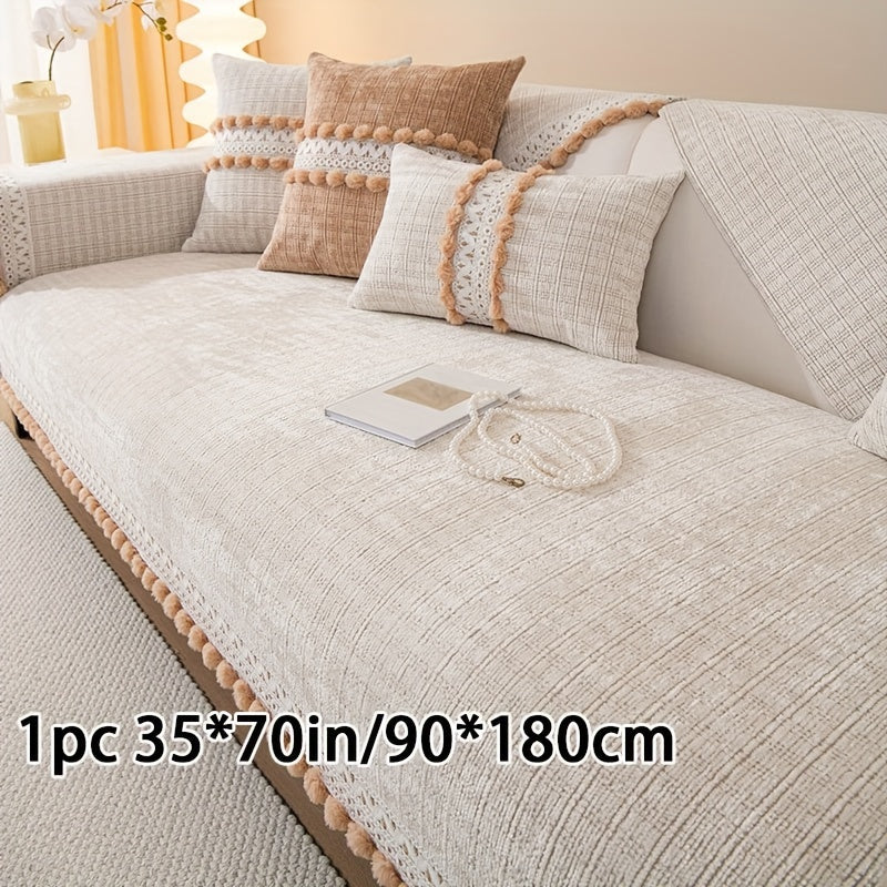 Зеленый чехол для дивана из шенилла с помпонами - водонепроницаемый и дружелюбный к домашним животным, подходит для всех размеров диванов (на 1-4 человека) - легкий в уходе, можно стирать в машине, с кисточками, идеален для любого декора комнаты