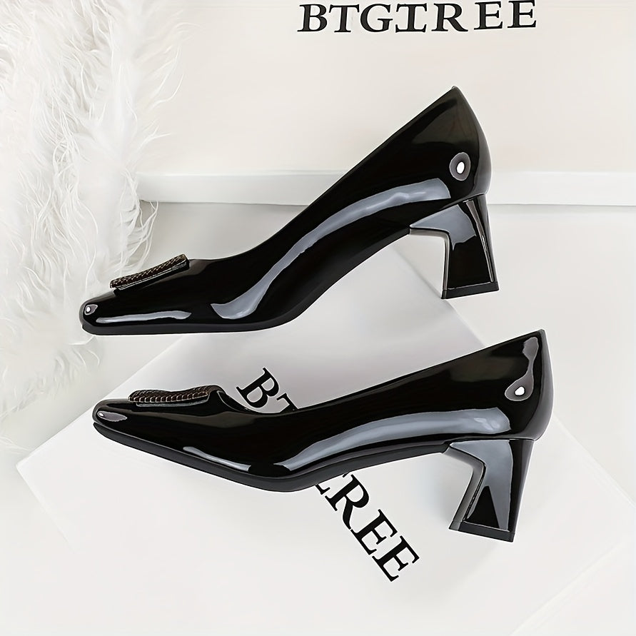 Women's Glossy Black Square-Toe Mid Block Heel Pumps Dress Shoes for Weddings Office