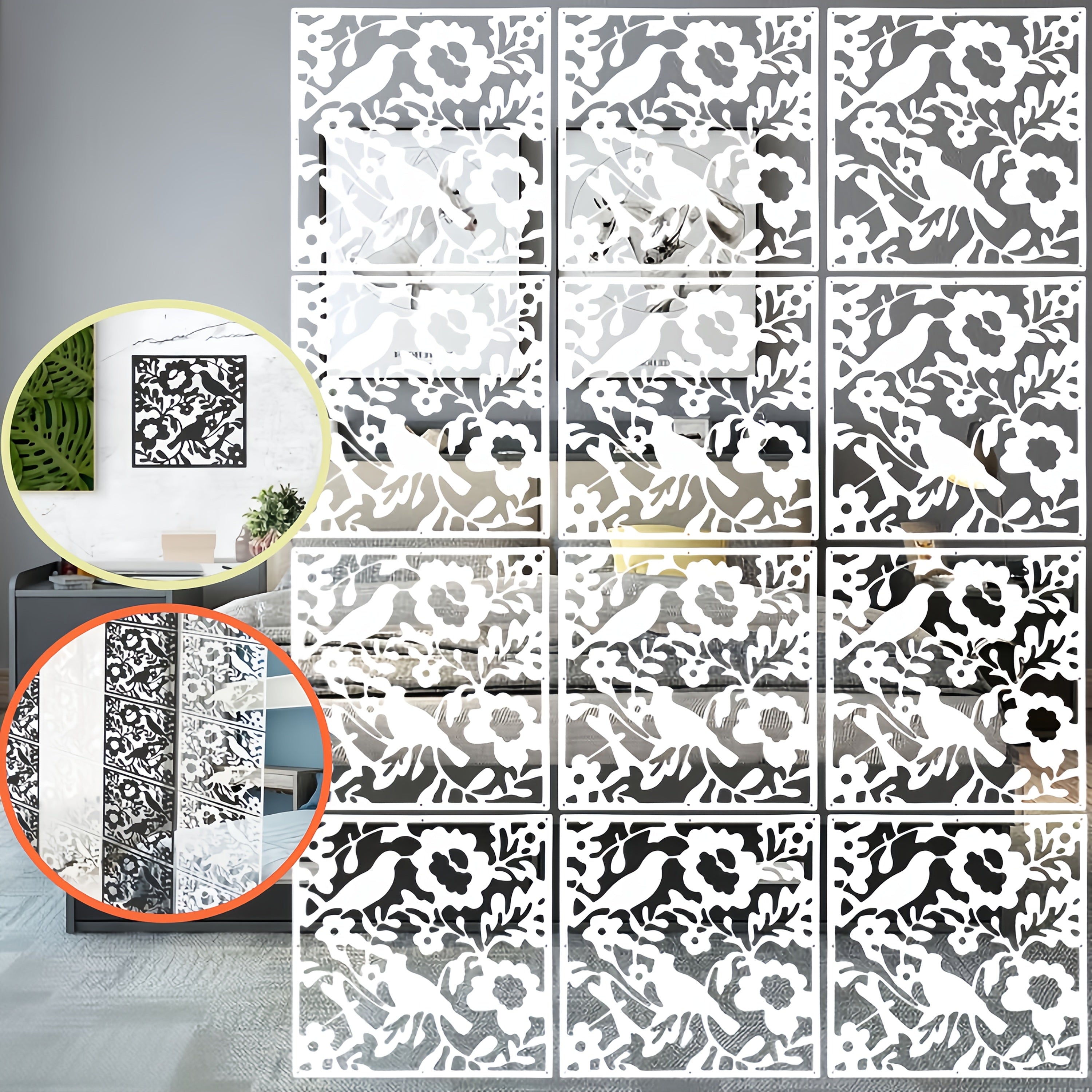 12pcs Vintage Bird Pattern Room Divider Panels in Black and White Plastic for Living Room Bedroom Office