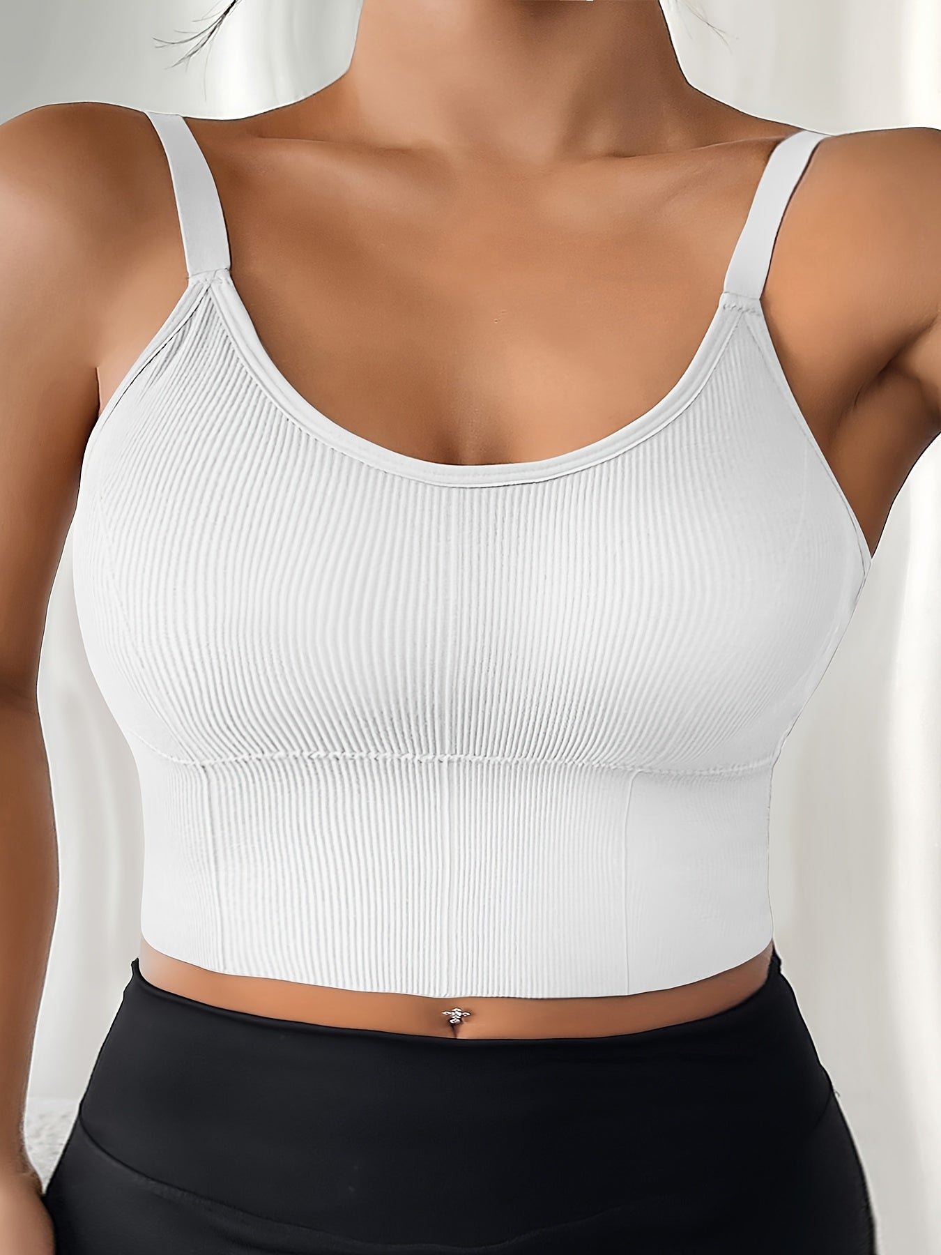 Women's Plus Size Sports Bras Ribbed Wireless High Elasticity Removable Pads Black White Brown Navy Blue Set