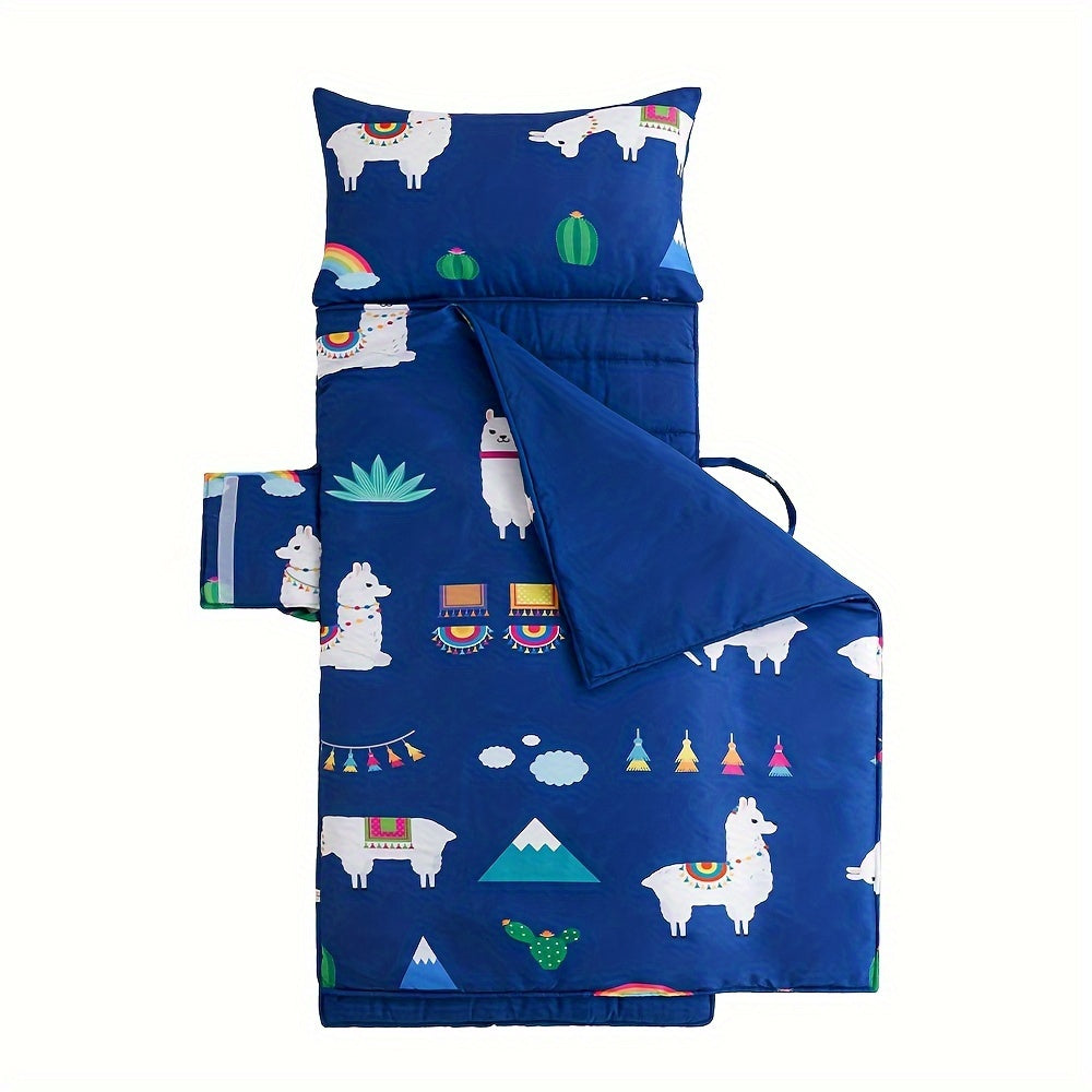 Kids Nap Mat Blue Rollup with Animal and Geometric Patterns for Daycare Preschool Travel