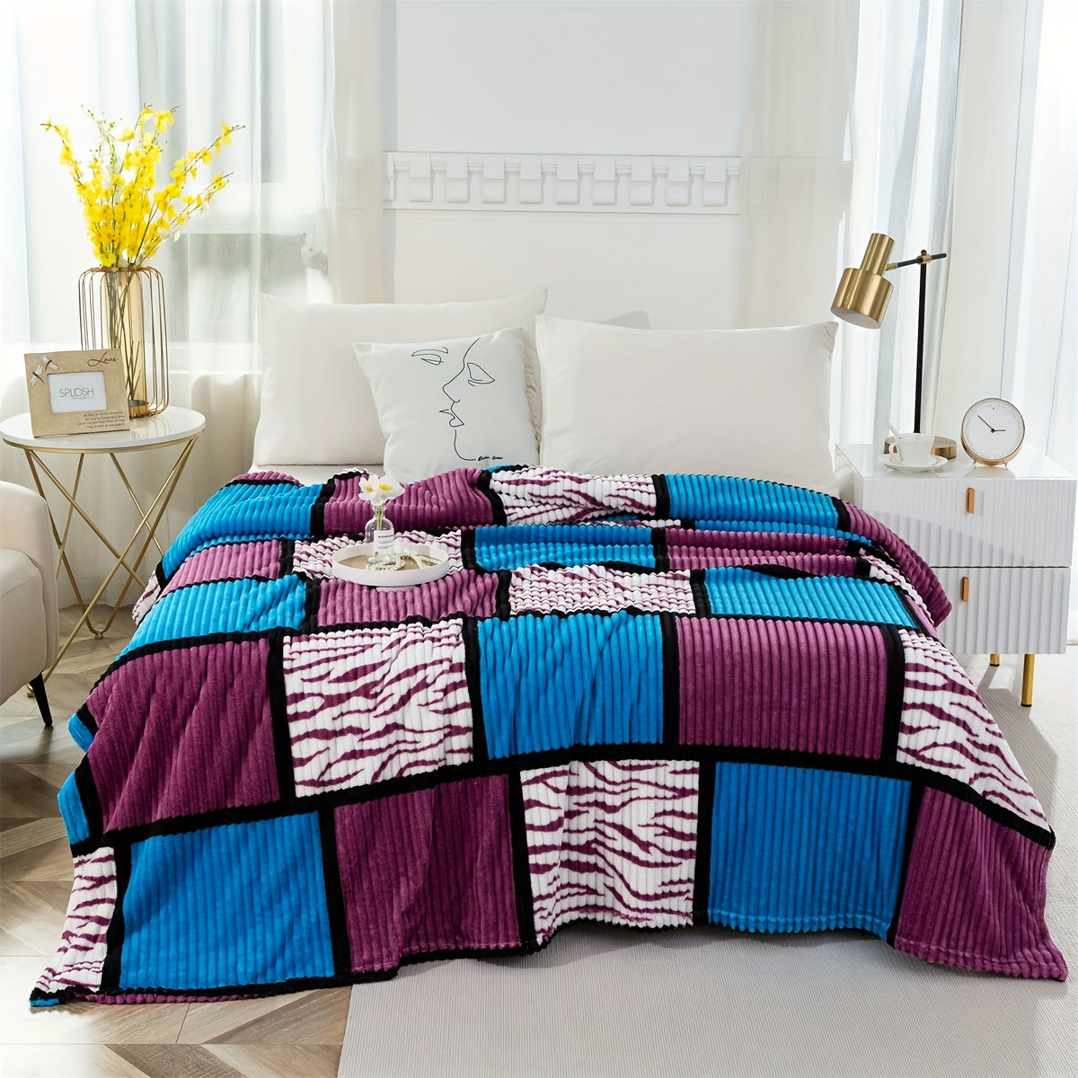 Color Block Faux Rabbit Fur Bed Blanket Cozy Throw for Bed Sofa Couch