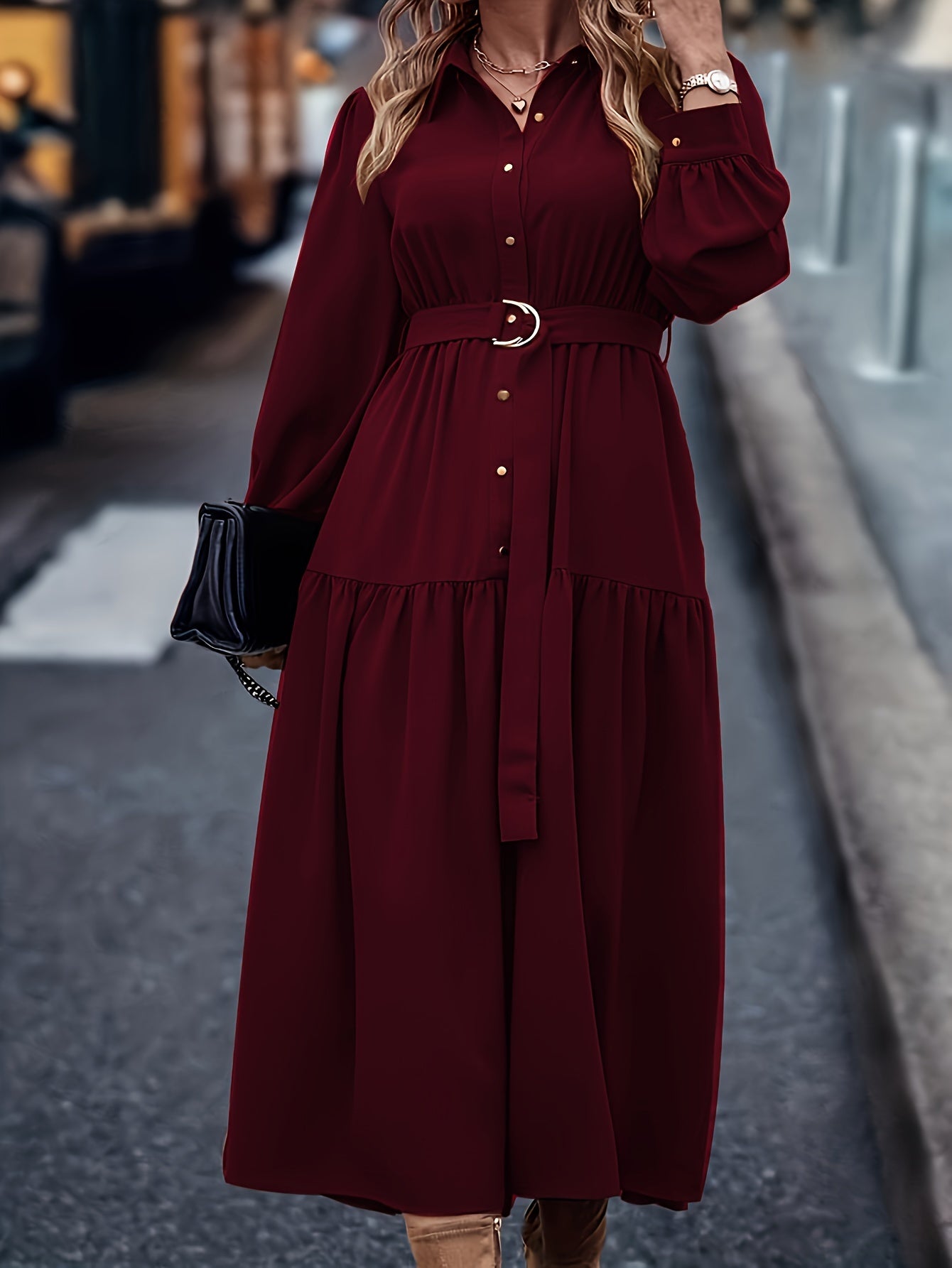 Women's Middle Eastern Style Polyester Shirt Dress with Lantern Sleeves and Ruffled Hem for Spring Fall