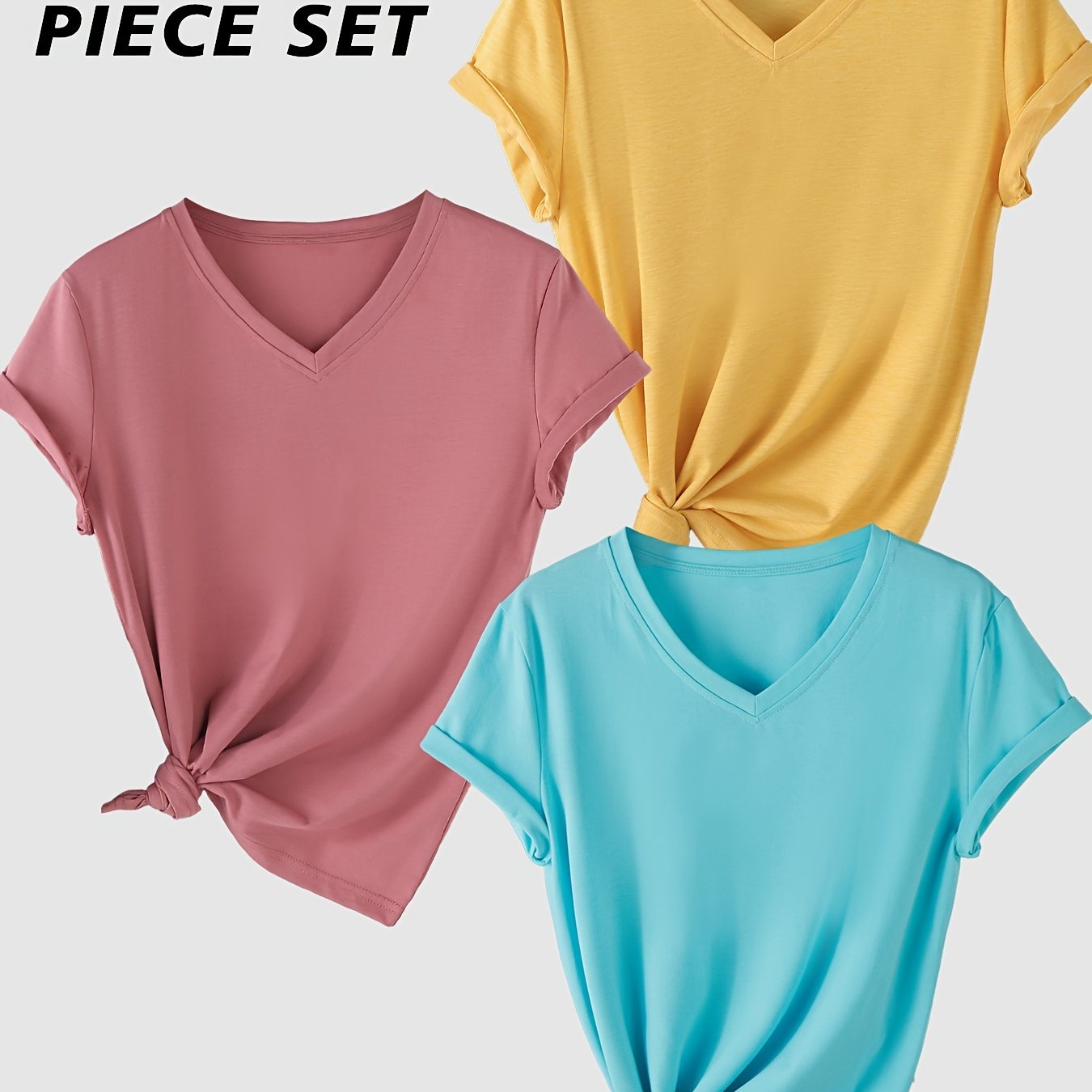 Short Sleeve V-Neck T-Shirt Set for Women Solid Color Rayon Casual Regular Fit