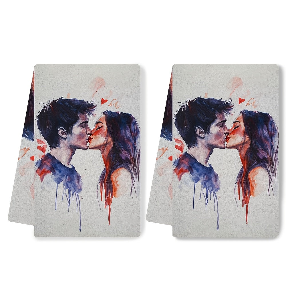 Set Of 2 Valentine Kiss Kitchen Towels, Ultra-Soft, Absorbent, 16x24 Inches