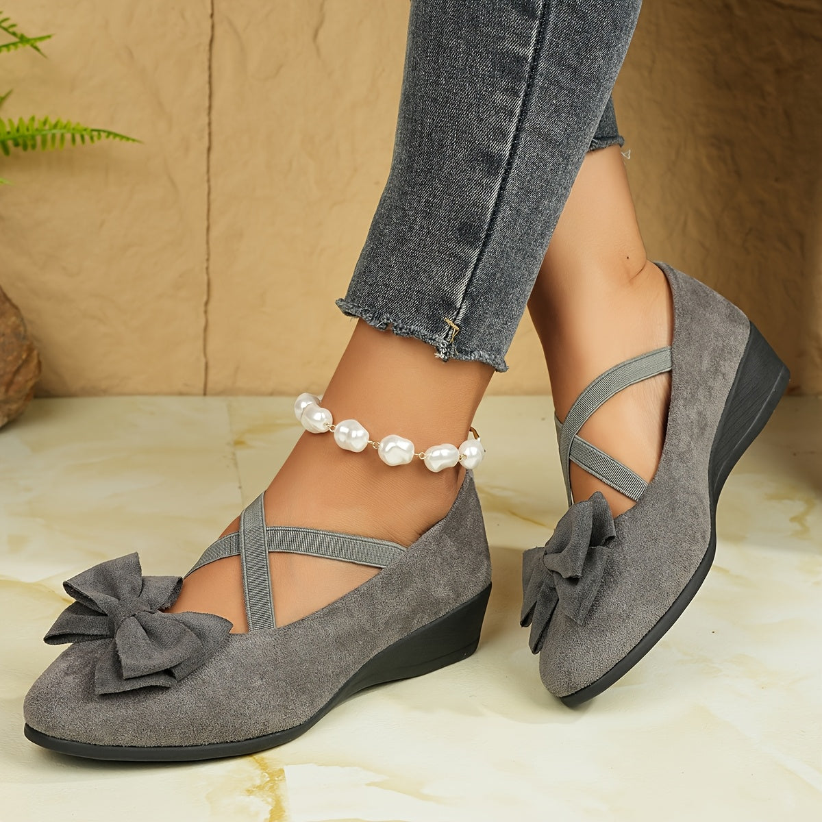 Women's Gray Mary Jane Flats with Bow - Lightweight Slip-On Comfort Shoes