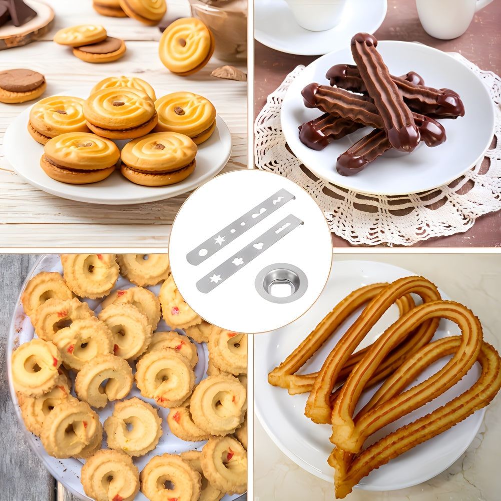 8 ta naqshli pirojnoe qo'shimchasi va zanglamaydigan po'latdan yasalgan pechene qo'shimchasi, ulanish halqasi va 5-o'lchamli go'sht maydalagich uchun pechene qolipi bilan birga, 3 dona o'z ichiga oladi.