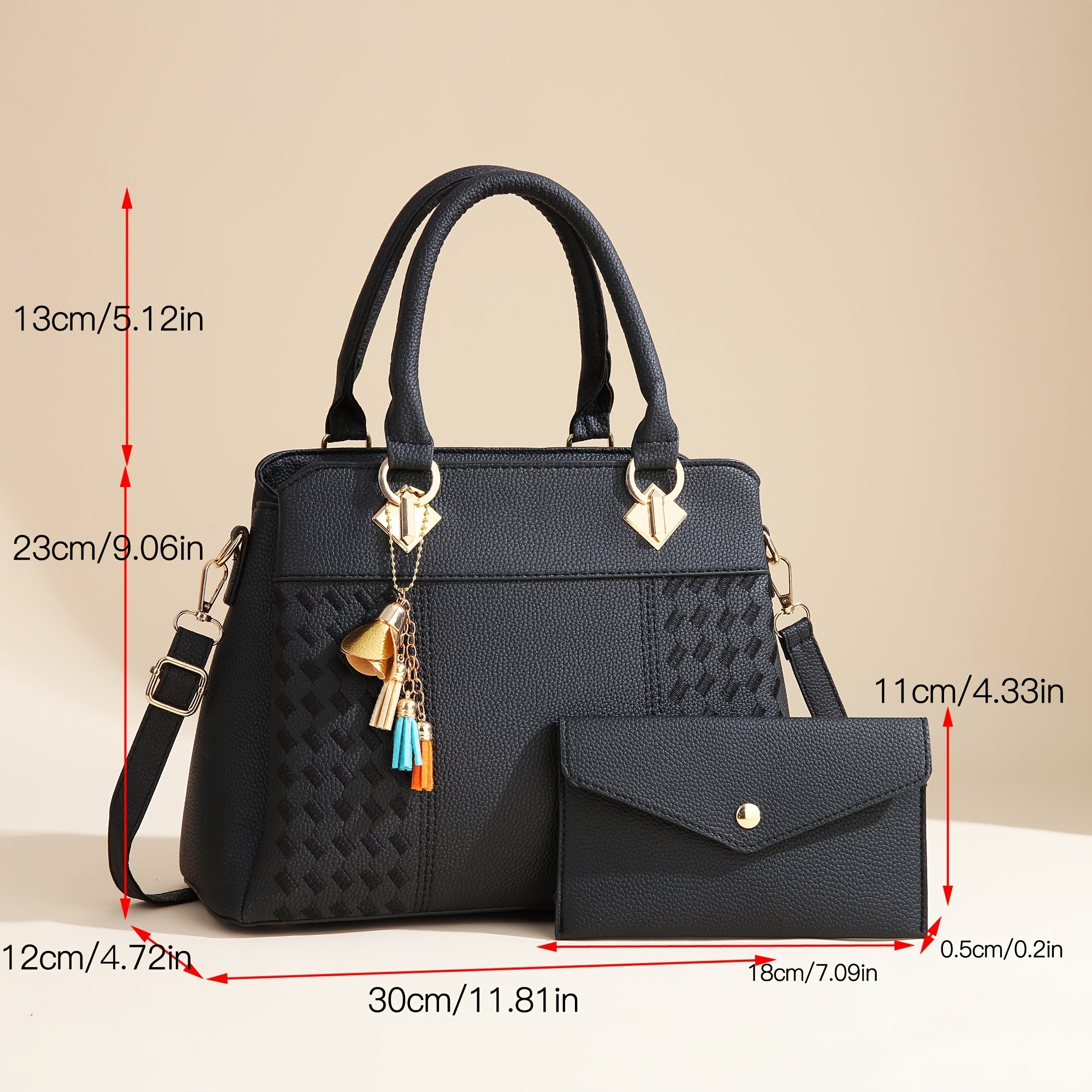 Women's Black Leather Handbag Set with Tote Clutch and Shoulder Bag