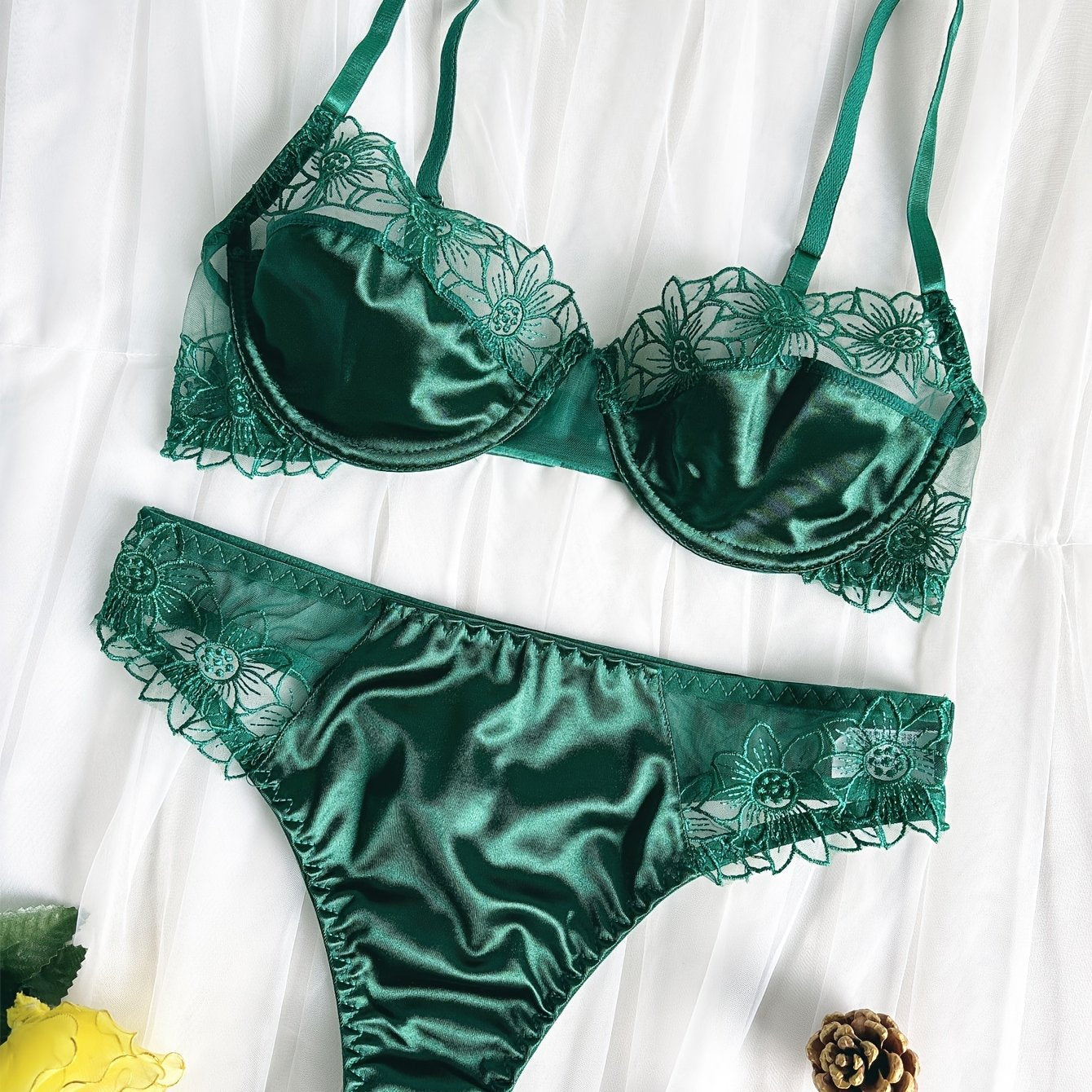 Women's Floral Embroidered Lingerie Set with Push-Up Bra and Thong