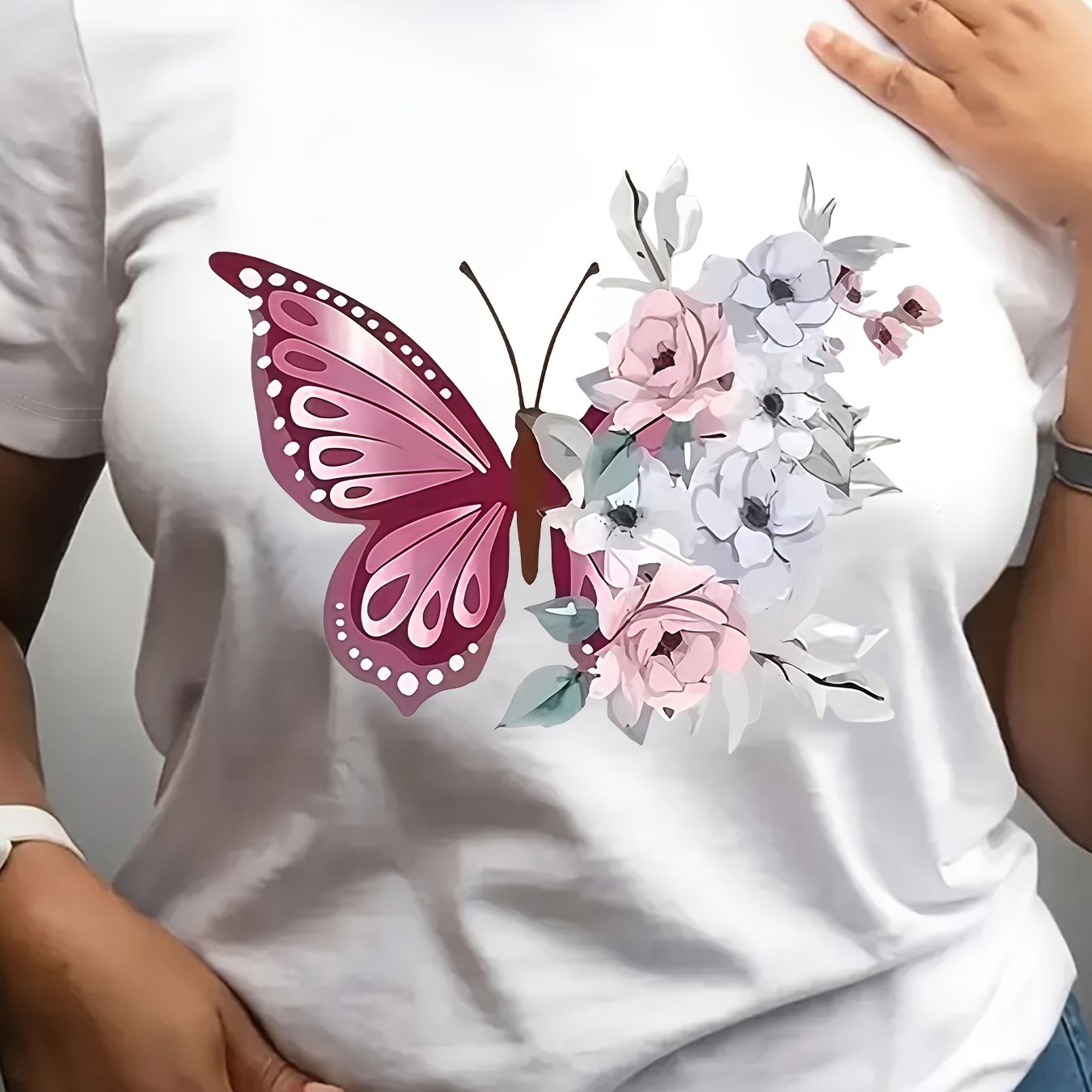 Women's White Casual Butterfly Floral Print T-Shirt Round Neck