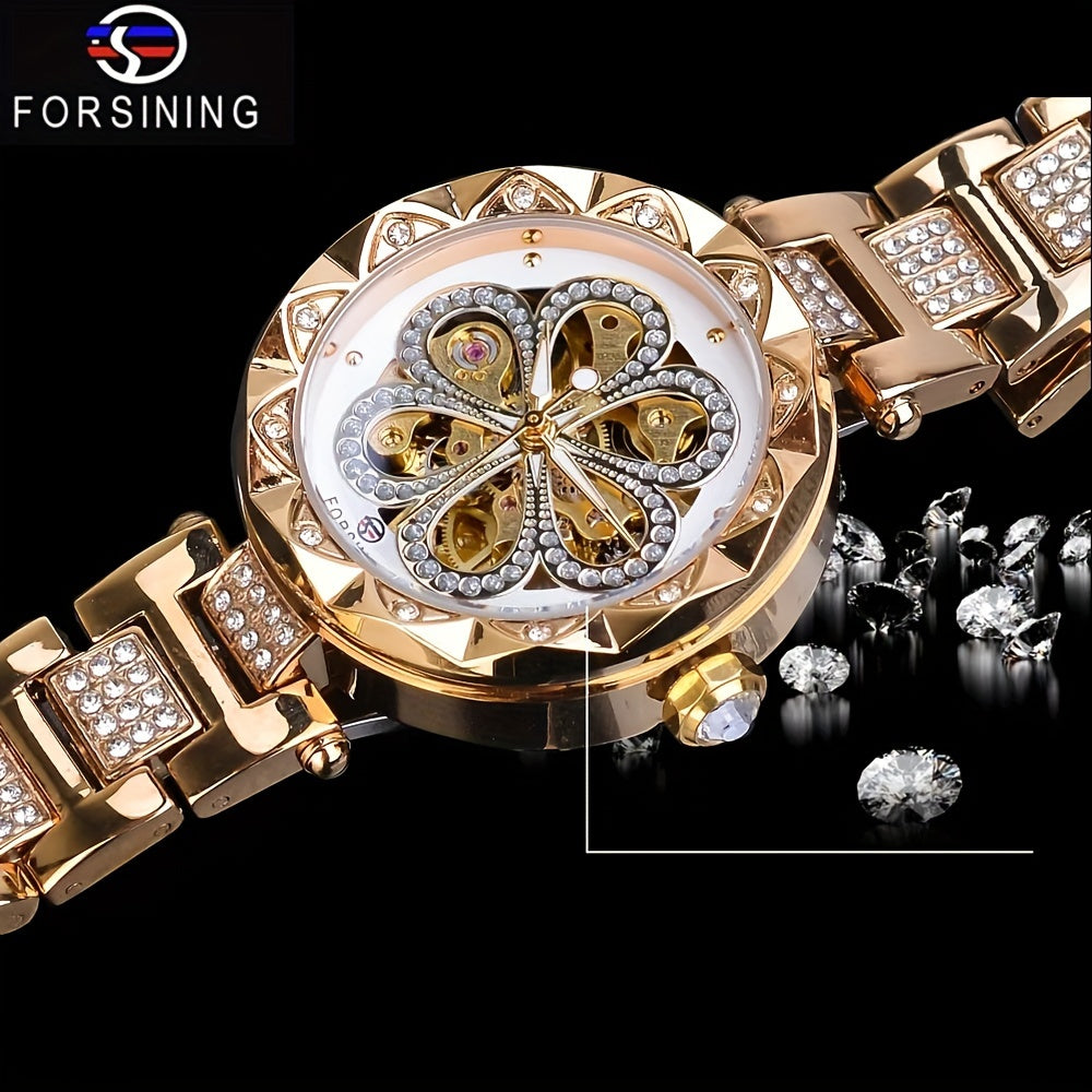 Women's Mechanical Watch Rhinestone Flower Skeleton Stainless Steel Wristband