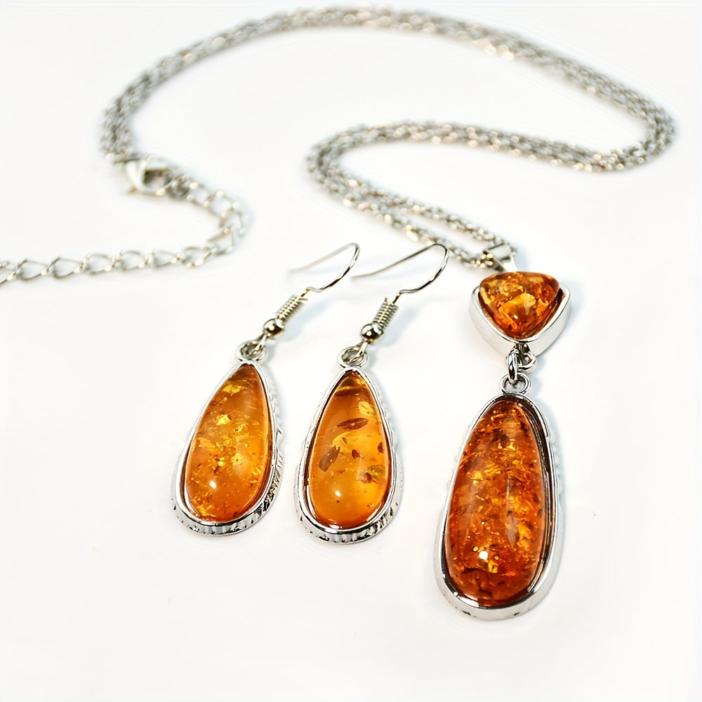 Vintage Amber Teardrop Pendant Necklace and Earrings Set for Women with Natural Stone and Geometric Chain