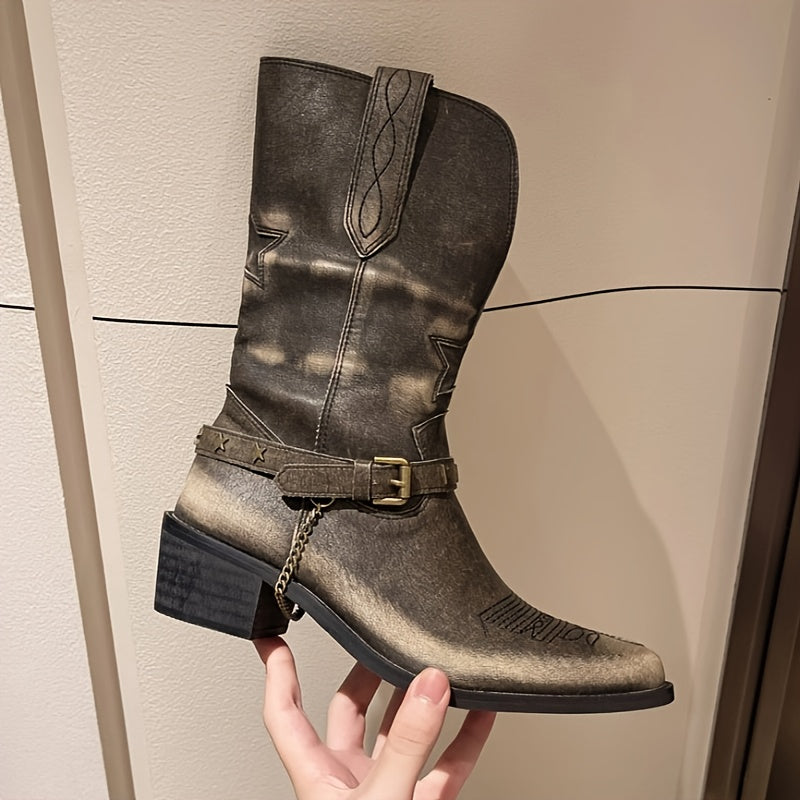 Women Western Cowboy Boots Pointed Toe Star Embroidered Mid-Calf Boots